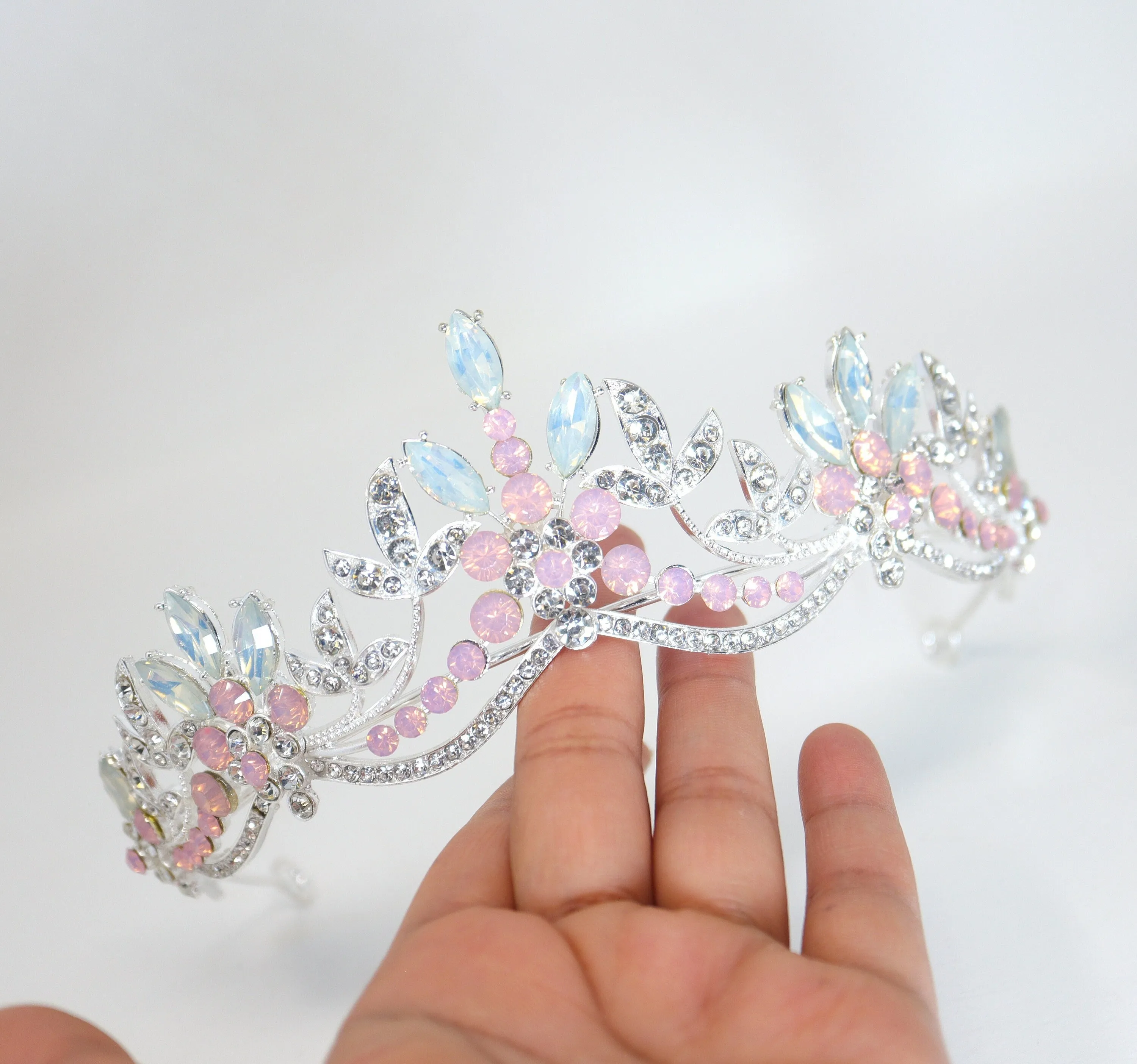 Swarovski Crystal Something Blue And Pink Opal And Floral Leaves Tiara , Bridal Tiara, Wedding Tiara, Crystal Wedding Crown, Tiara Bride