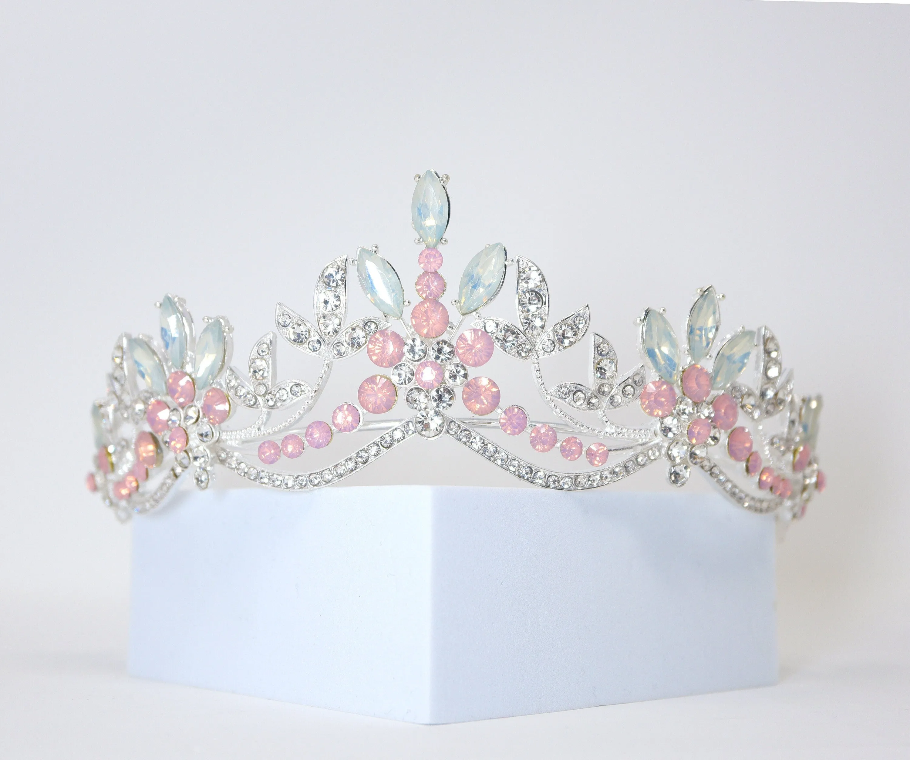 Swarovski Crystal Something Blue And Pink Opal And Floral Leaves Tiara , Bridal Tiara, Wedding Tiara, Crystal Wedding Crown, Tiara Bride