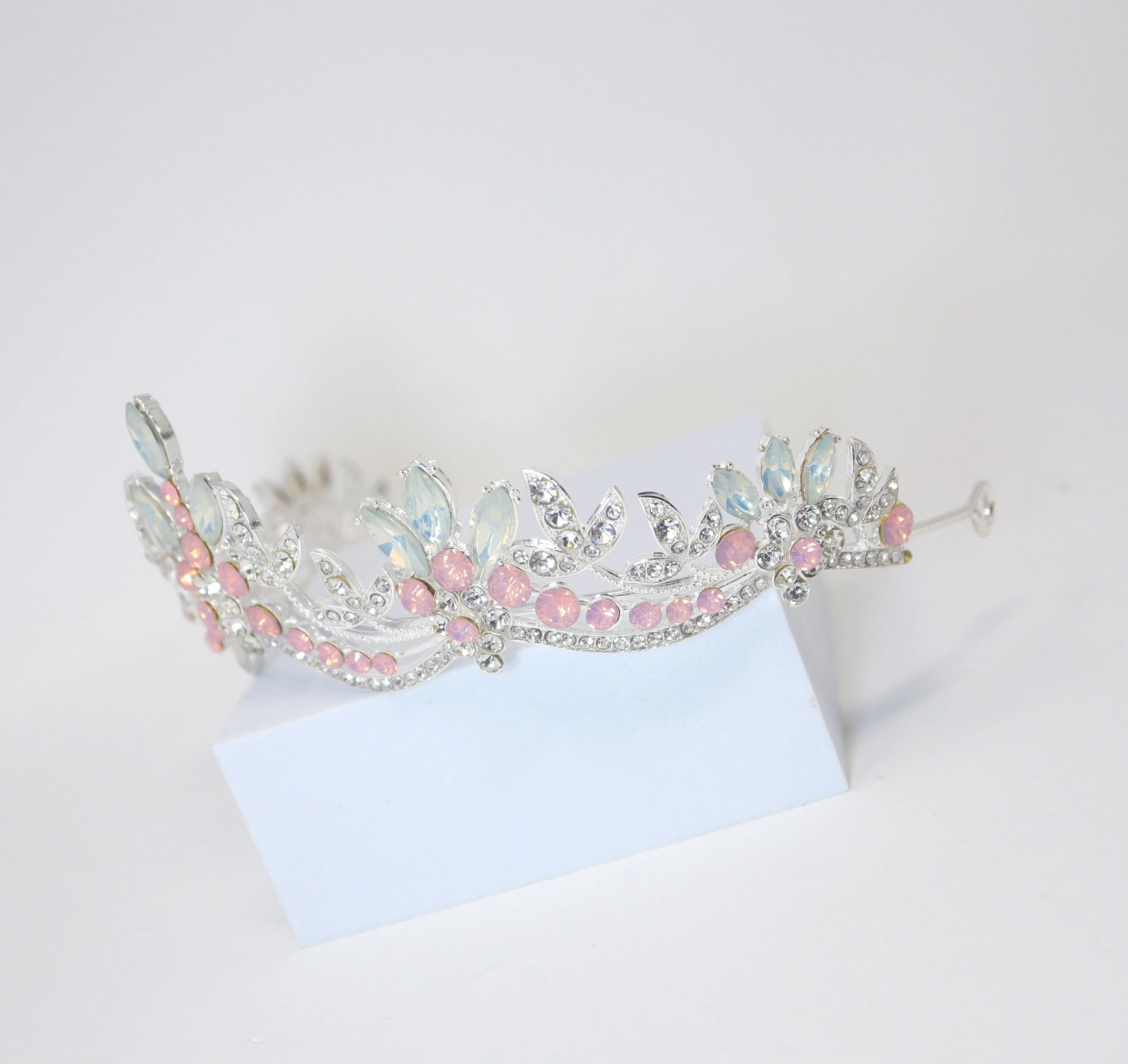 Swarovski Crystal Something Blue And Pink Opal And Floral Leaves Tiara , Bridal Tiara, Wedding Tiara, Crystal Wedding Crown, Tiara Bride