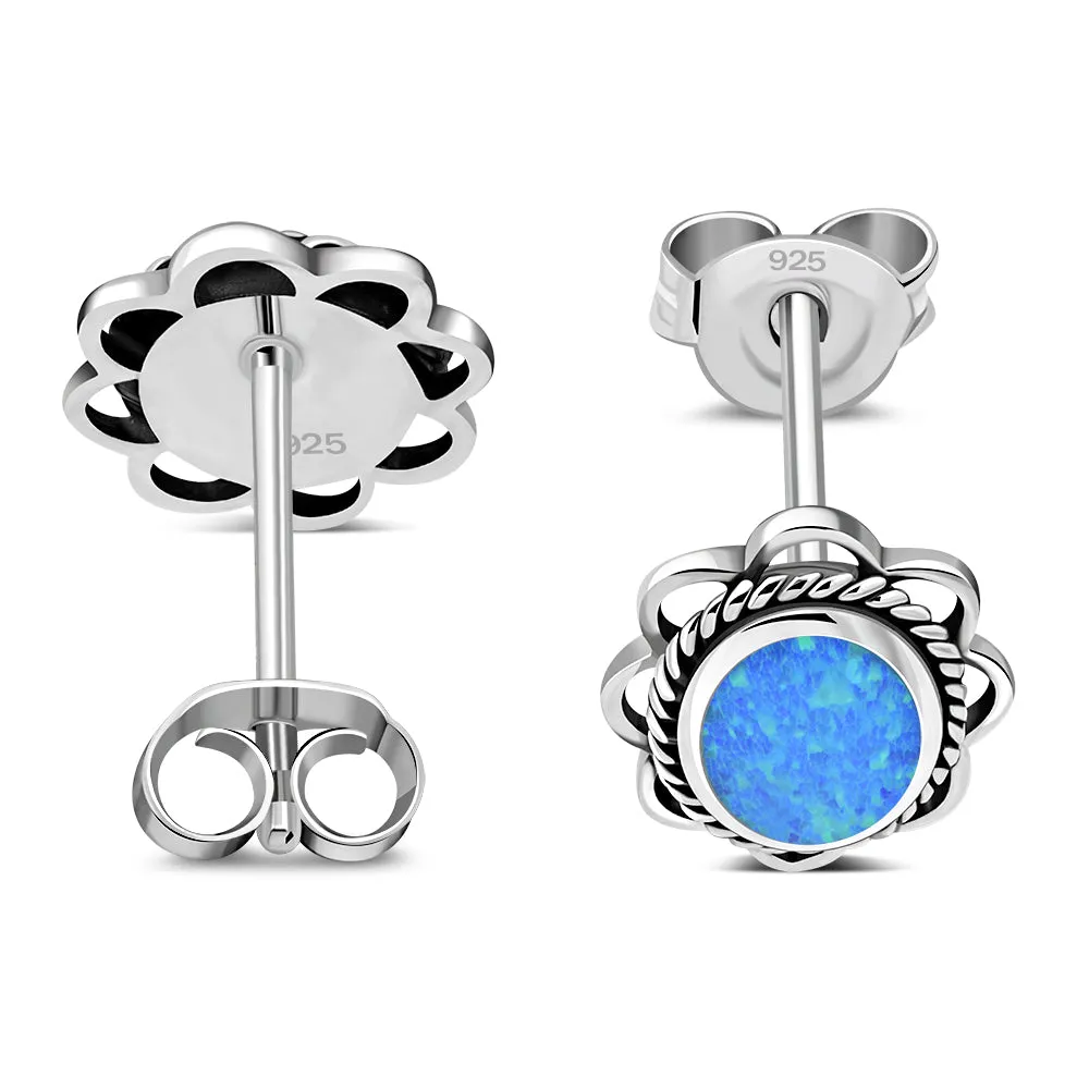 Synthetic Blue Opal Oval Stud Silver Earrings