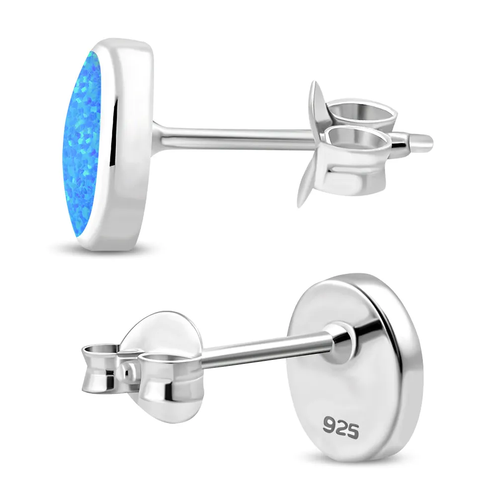Synthetic Blue Opal Oval Stud Sterling Silver Earrings