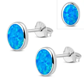 Synthetic Blue Opal Oval Stud Sterling Silver Earrings