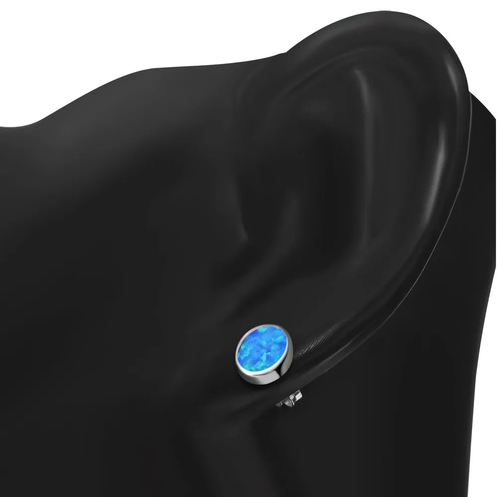 Synthetic Blue Opal Oval Stud Sterling Silver Earrings