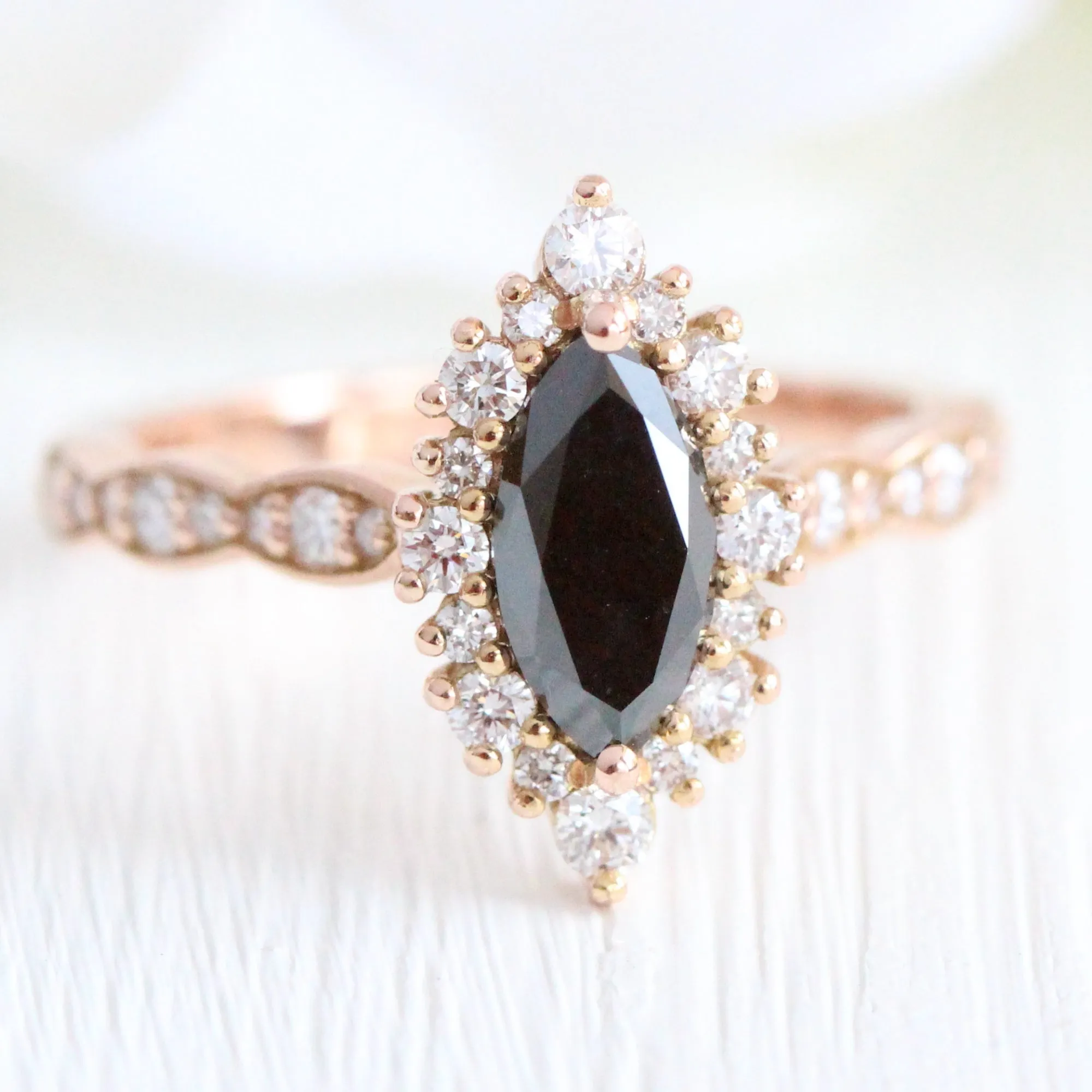 Tiara Halo Black Diamond Ring Set w/ Marquise Diamond and Matching Wedding Band
