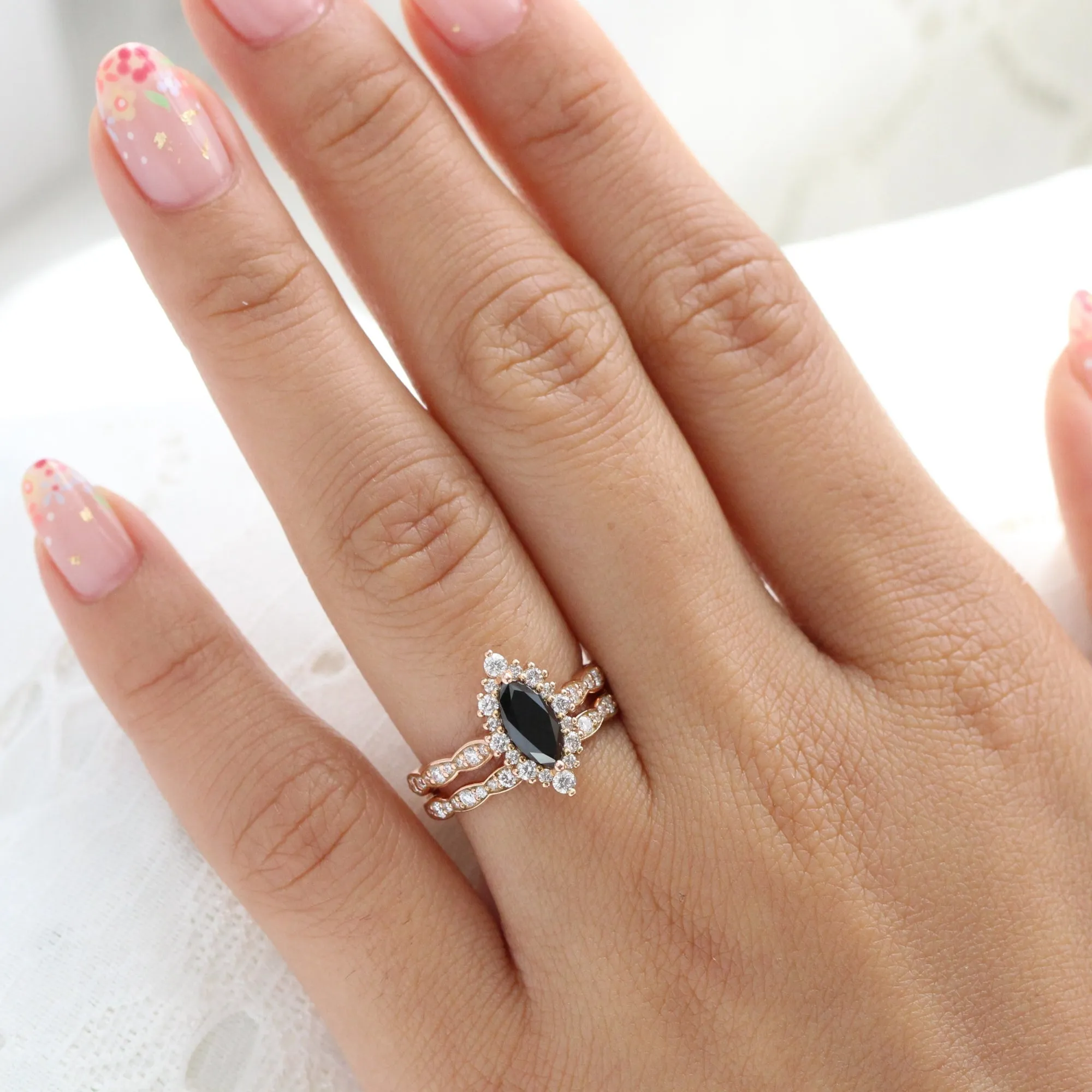 Tiara Halo Black Diamond Ring Set w/ Marquise Diamond and Matching Wedding Band