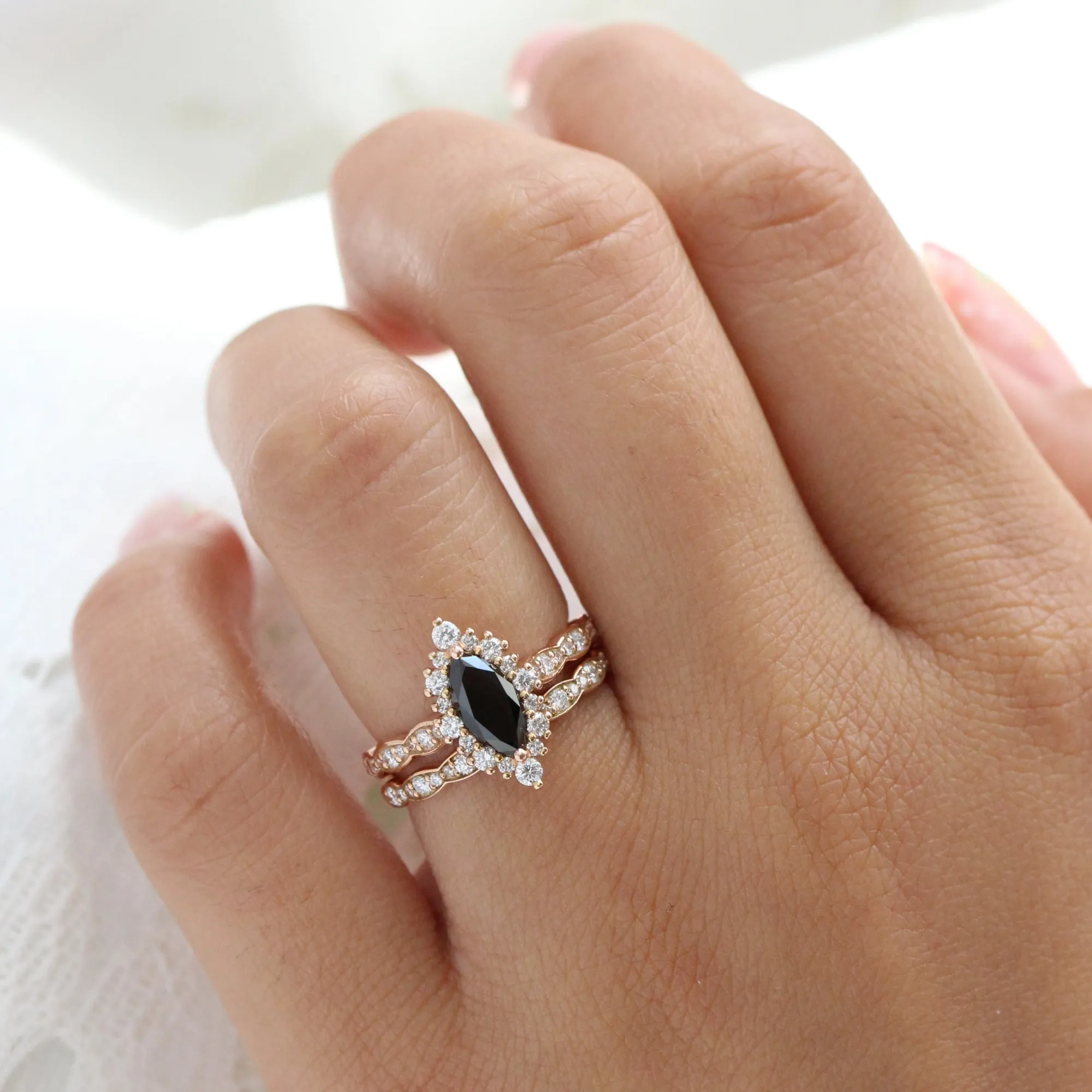 Tiara Halo Black Diamond Ring Set w/ Marquise Diamond and Matching Wedding Band