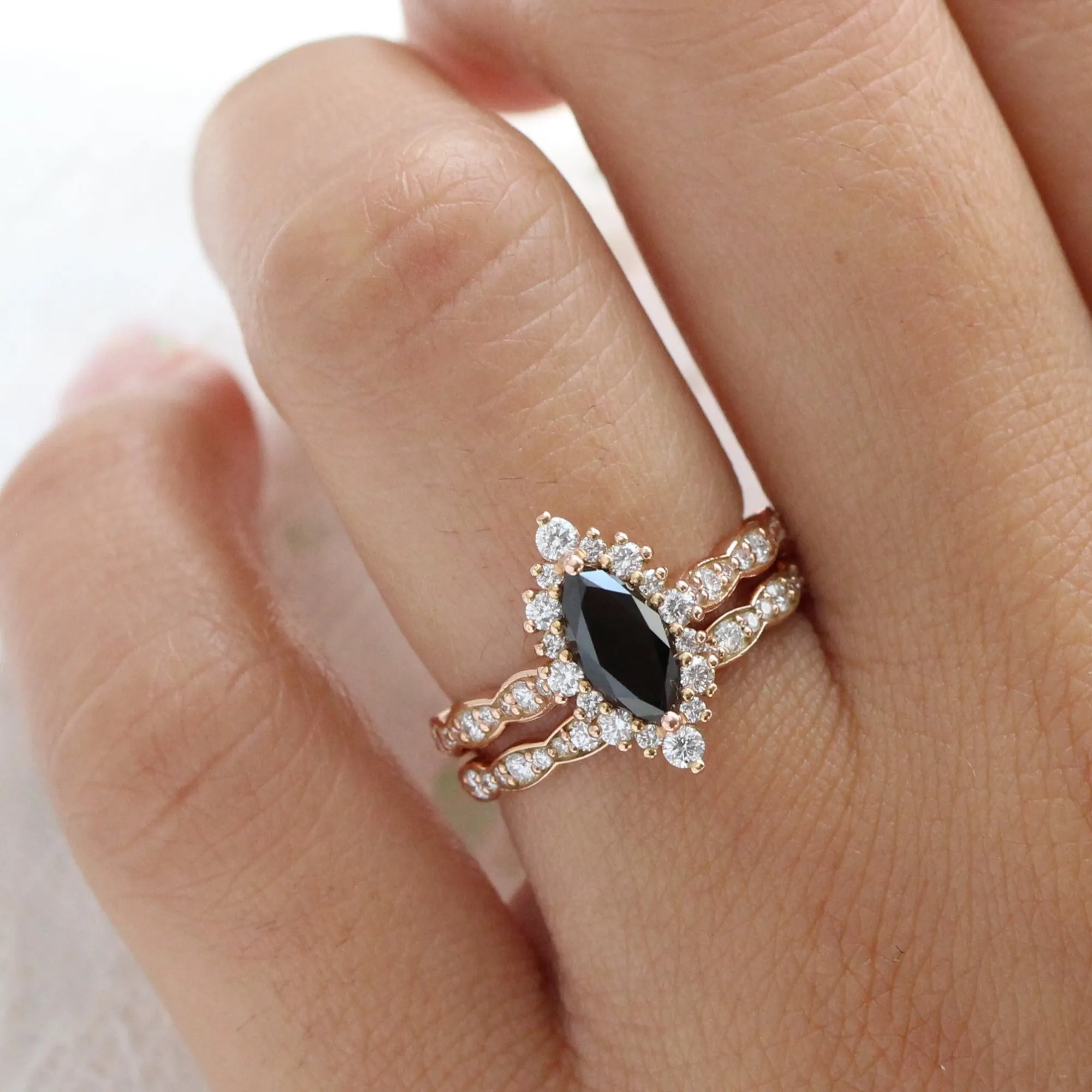 Tiara Halo Black Diamond Ring Set w/ Marquise Diamond and Matching Wedding Band