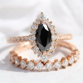Tiara Halo Marquise Ring Bridal Set w/ Black Diamond and 4 Prong Wedding Band