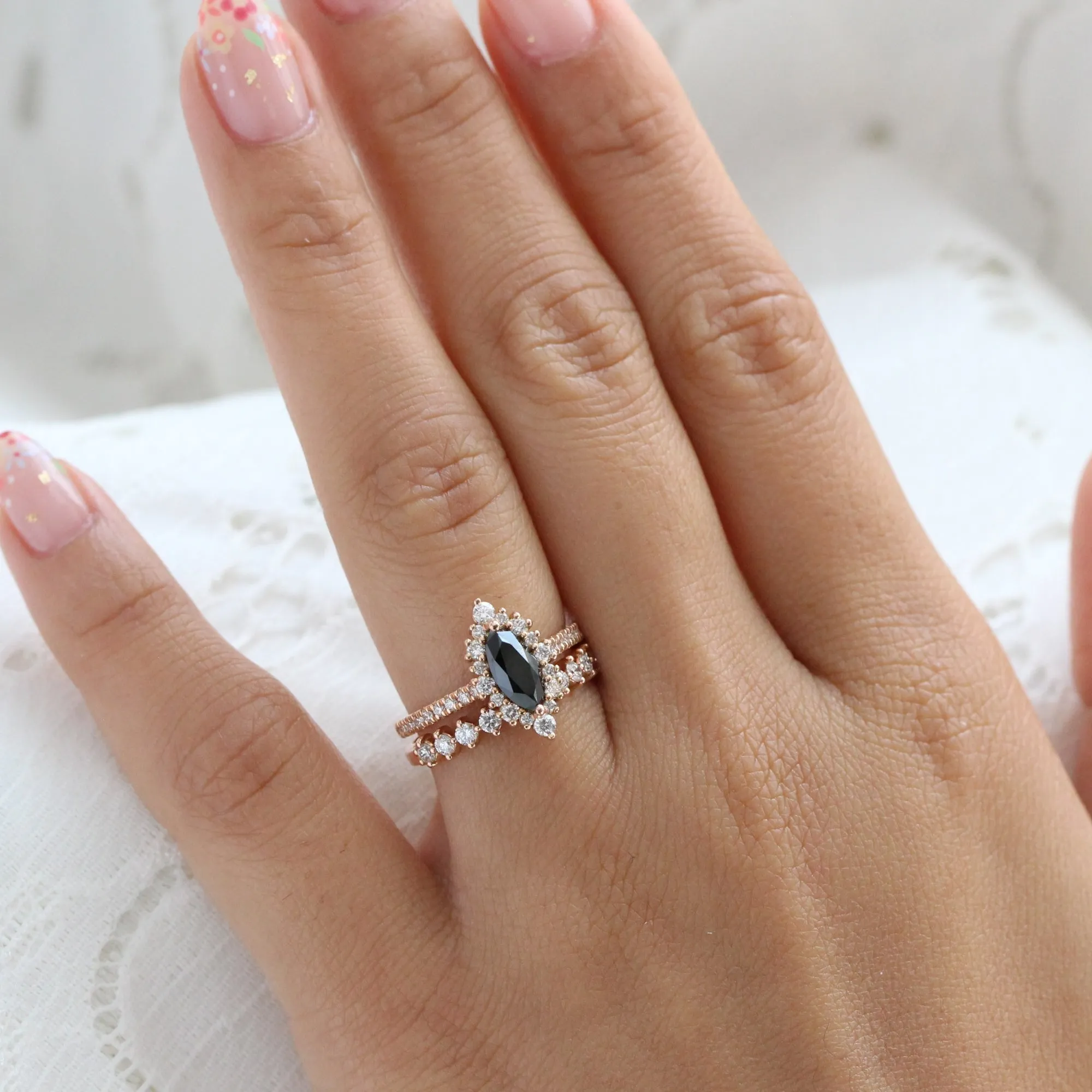 Tiara Halo Marquise Ring Bridal Set w/ Black Diamond and 4 Prong Wedding Band