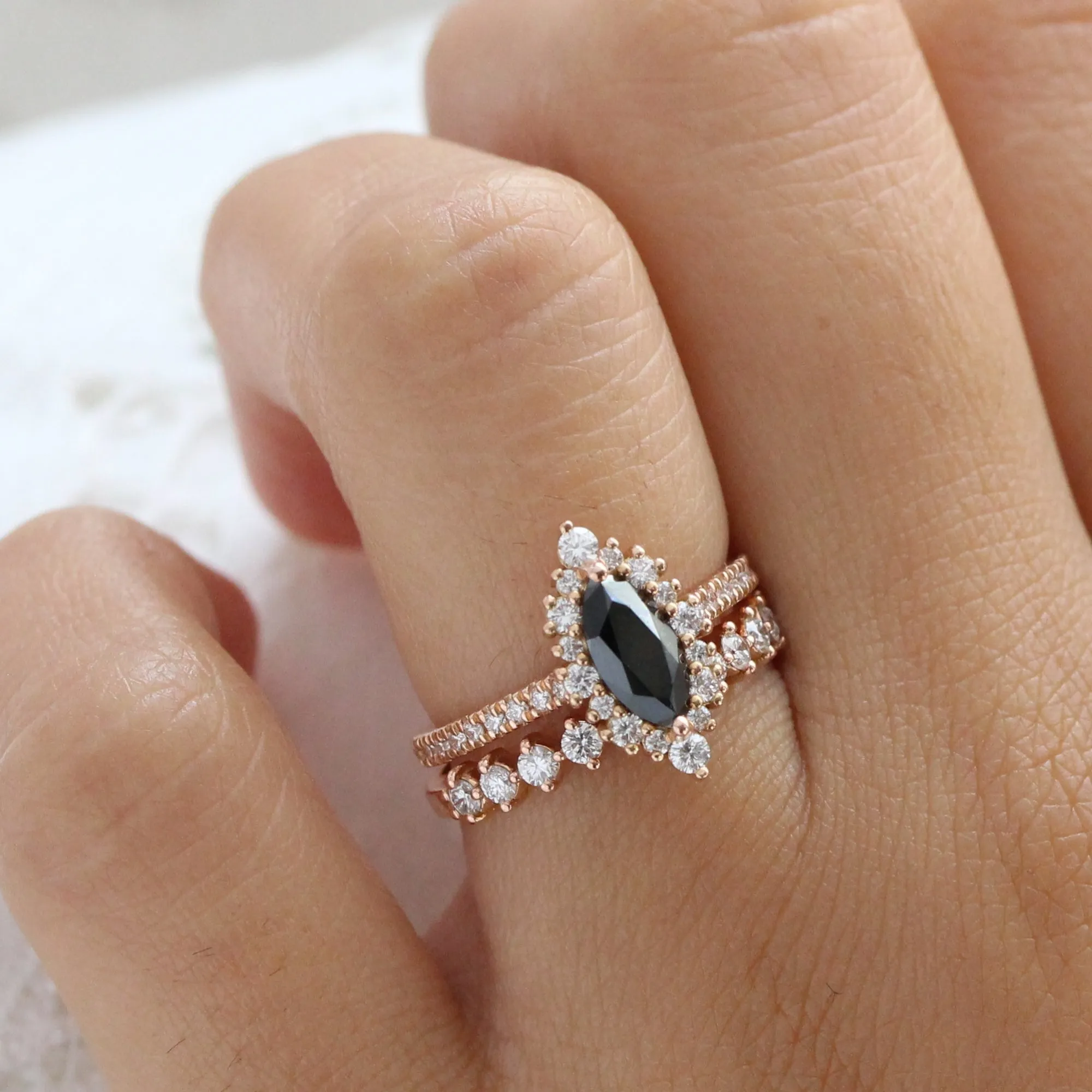 Tiara Halo Marquise Ring Bridal Set w/ Black Diamond and 4 Prong Wedding Band