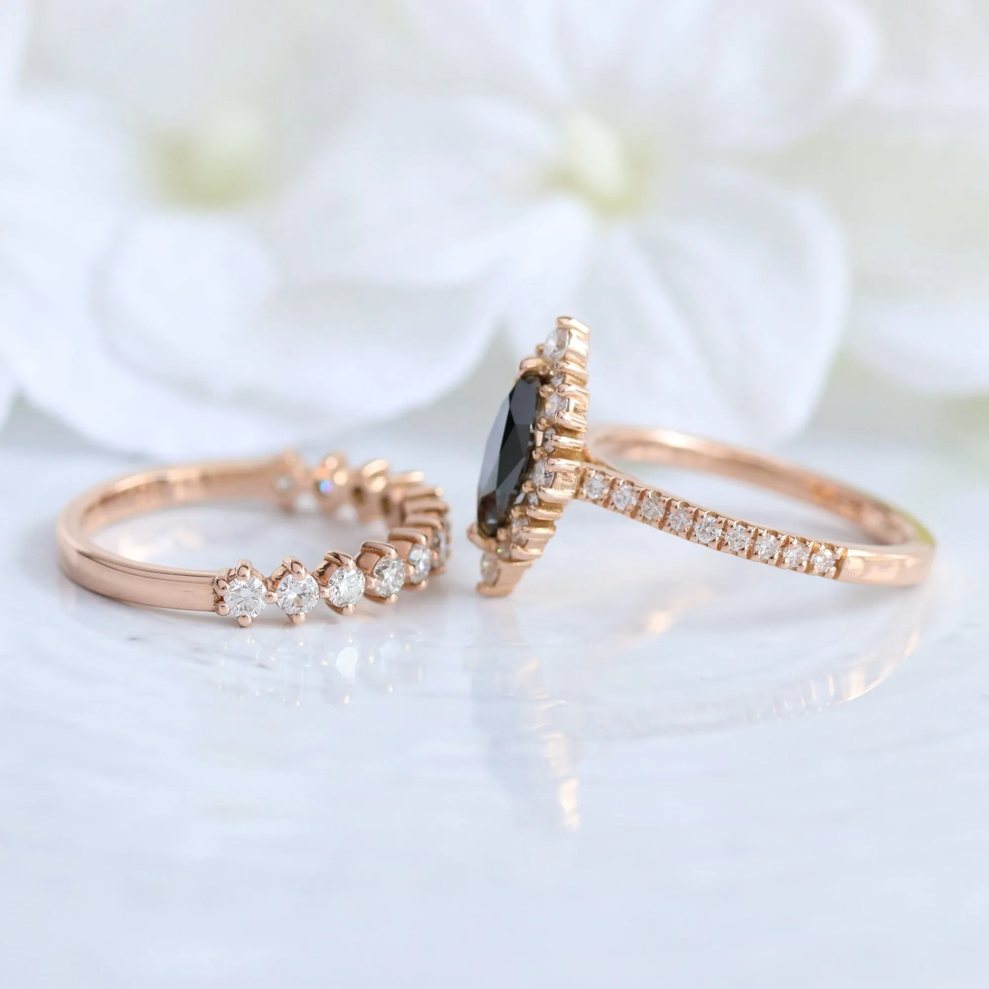 Tiara Halo Marquise Ring Bridal Set w/ Black Diamond and 4 Prong Wedding Band