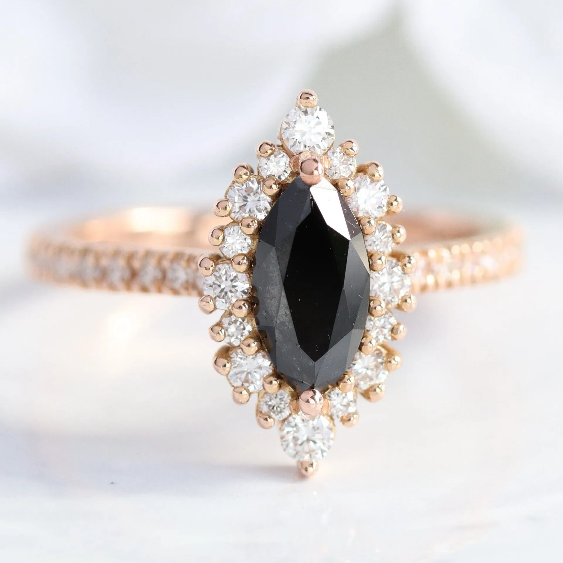 Tiara Halo Marquise Ring Bridal Set w/ Black Diamond and 4 Prong Wedding Band