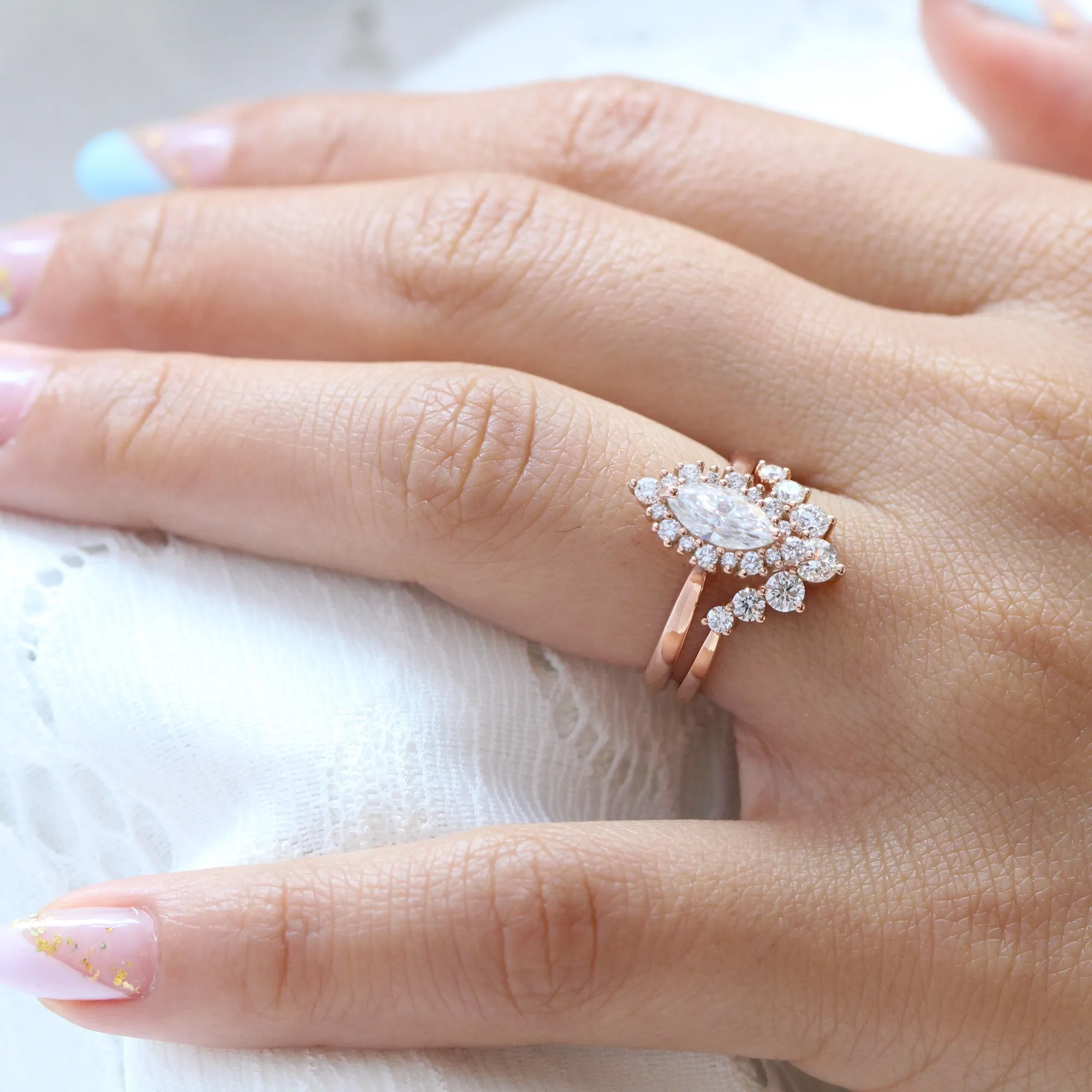 Tiara Halo Marquise Tapered Ring Set w/ Moissanite and Large 7 Diamond U Shaped Band