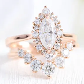 Tiara Halo Marquise Tapered Ring Set w/ Moissanite and Large 7 Diamond U Shaped Band