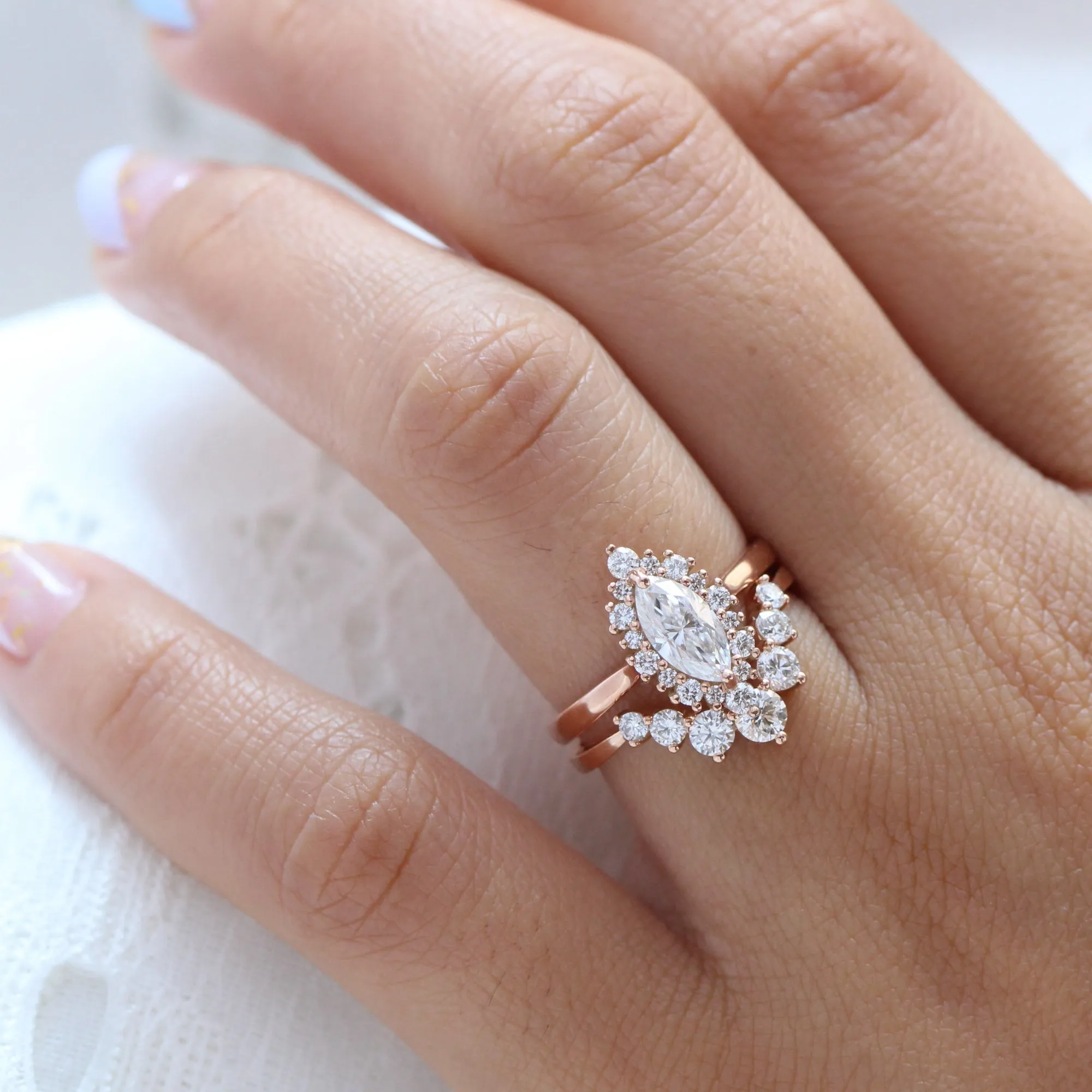 Tiara Halo Marquise Tapered Ring Set w/ Moissanite and Large 7 Diamond U Shaped Band