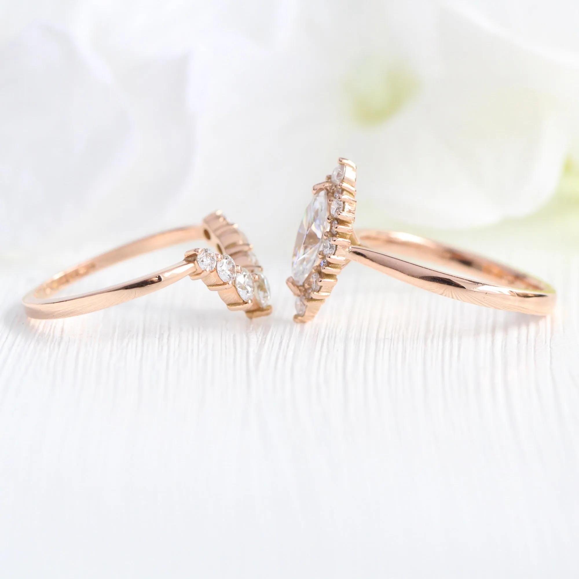 Tiara Halo Marquise Tapered Ring Set w/ Moissanite and Large 7 Diamond U Shaped Band