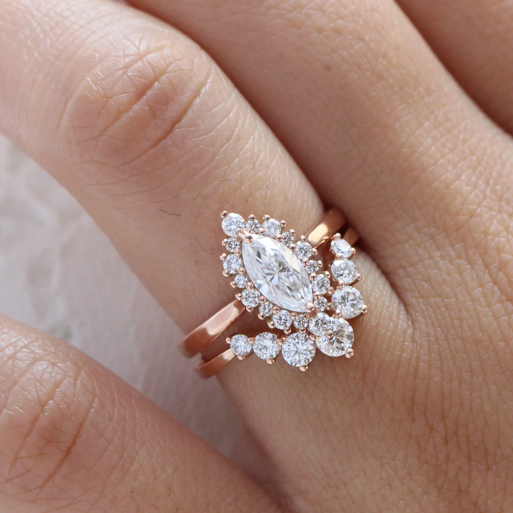 Tiara Halo Marquise Tapered Ring Set w/ Moissanite and Large 7 Diamond U Shaped Band