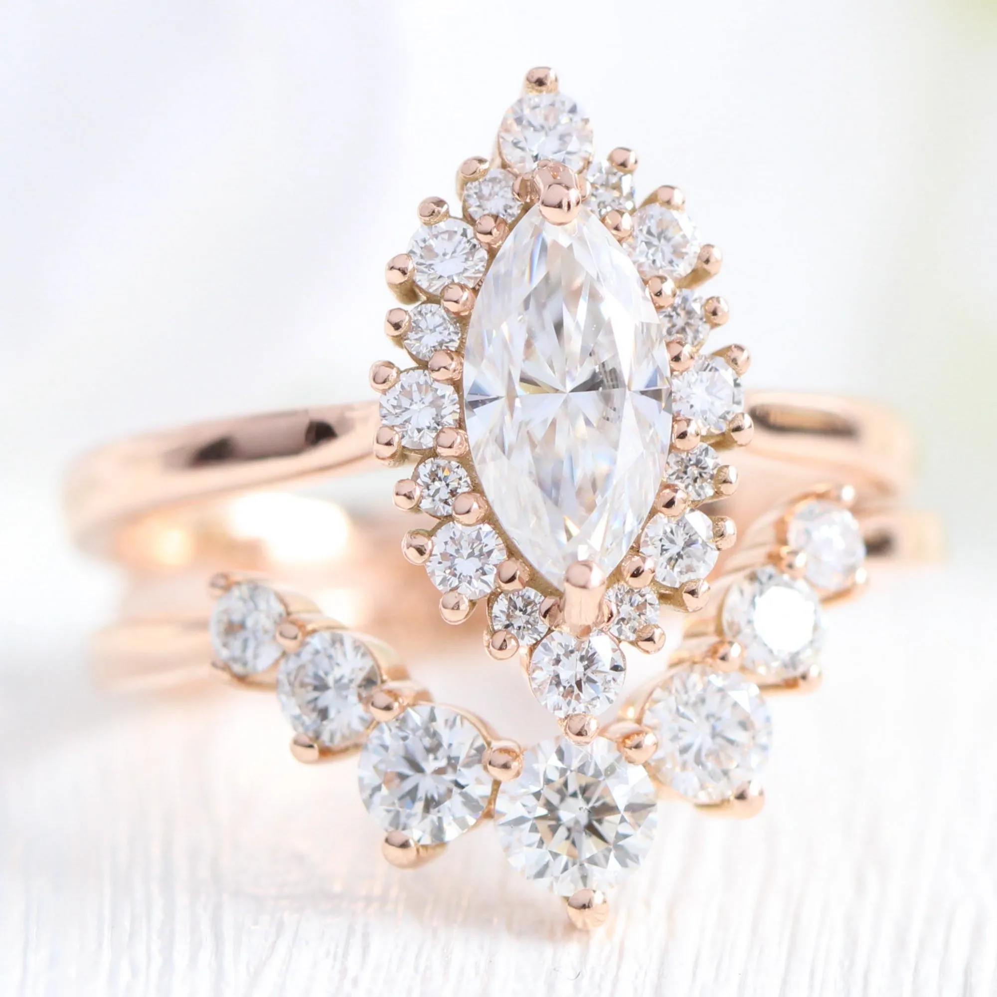 Tiara Halo Marquise Tapered Ring Set w/ Moissanite and Large 7 Diamond U Shaped Band