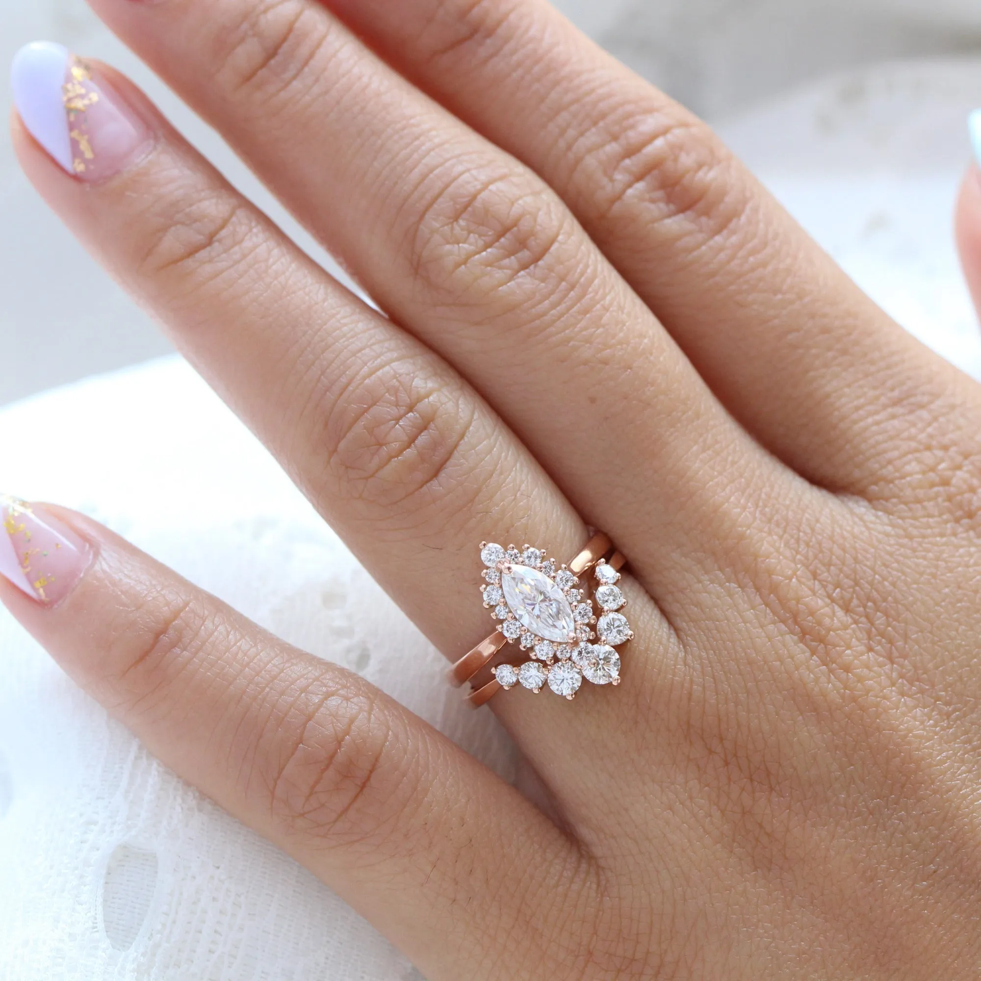 Tiara Halo Marquise Tapered Ring Set w/ Moissanite and Large 7 Diamond U Shaped Band
