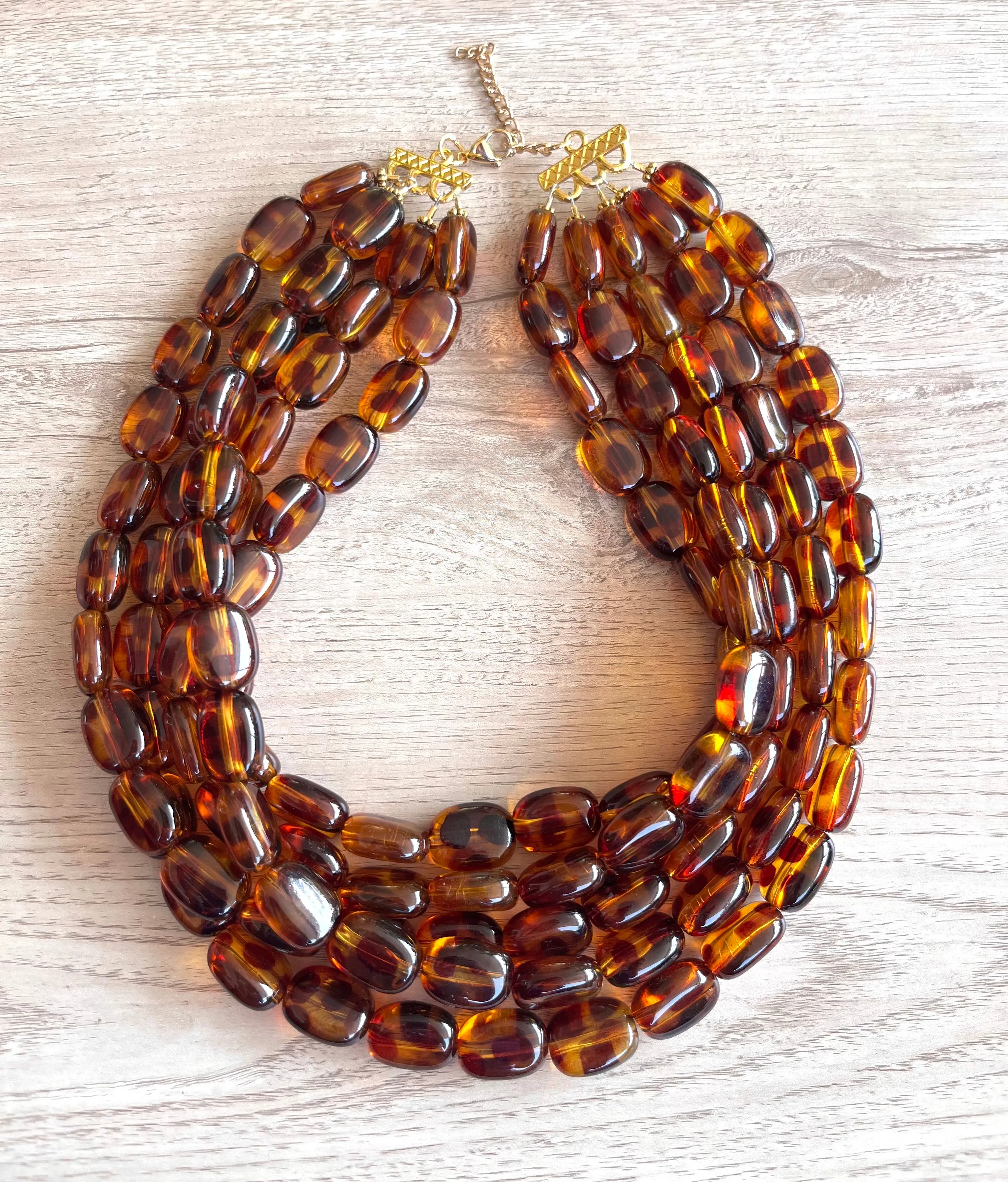 Tortoise Shell Lucite Acrylic Beaded Chunky Multi Strand Statement Necklace - Lauren