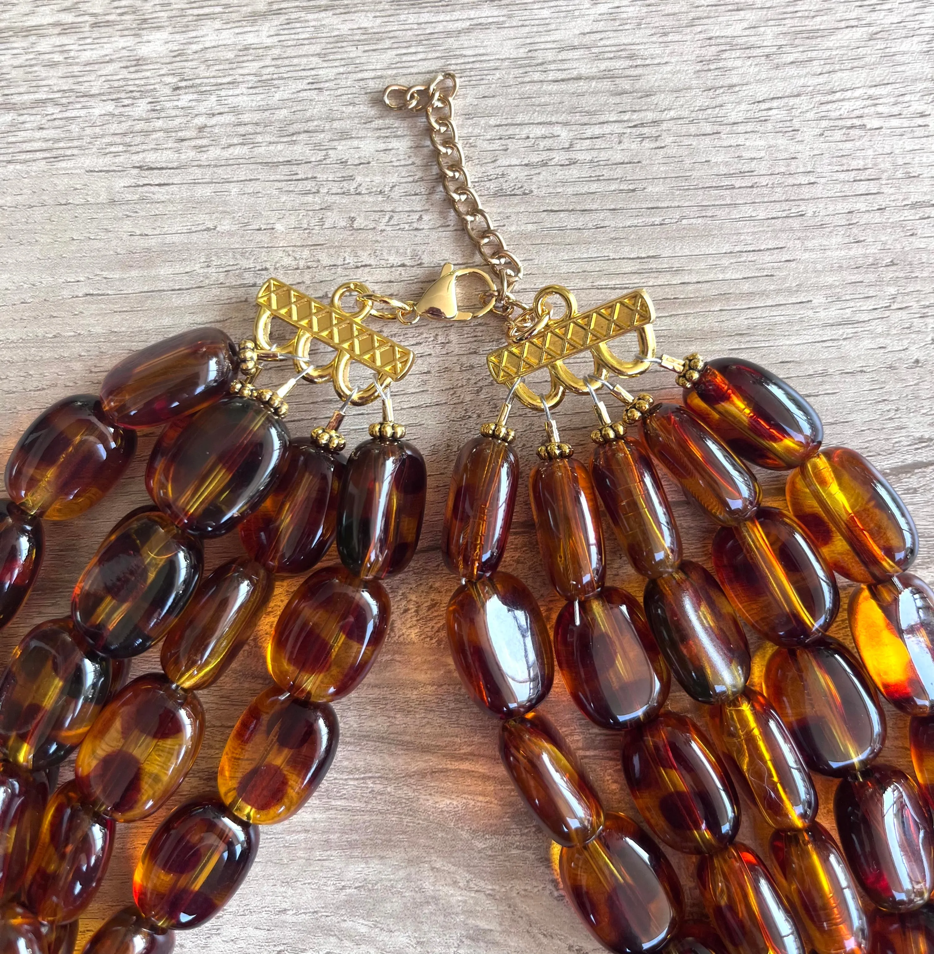 Tortoise Shell Lucite Acrylic Beaded Chunky Multi Strand Statement Necklace - Lauren