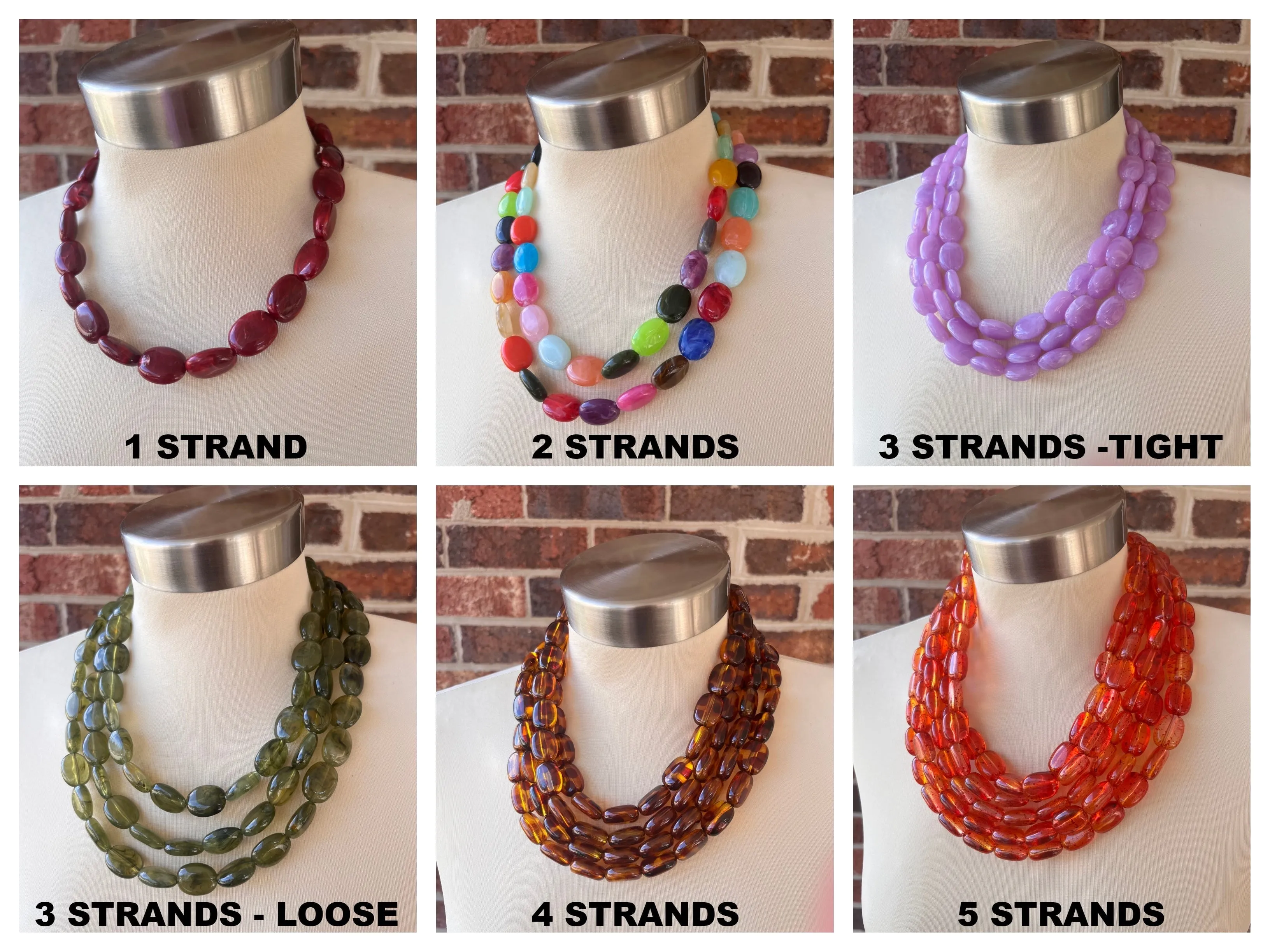 Tortoise Shell Lucite Acrylic Beaded Chunky Multi Strand Statement Necklace - Lauren