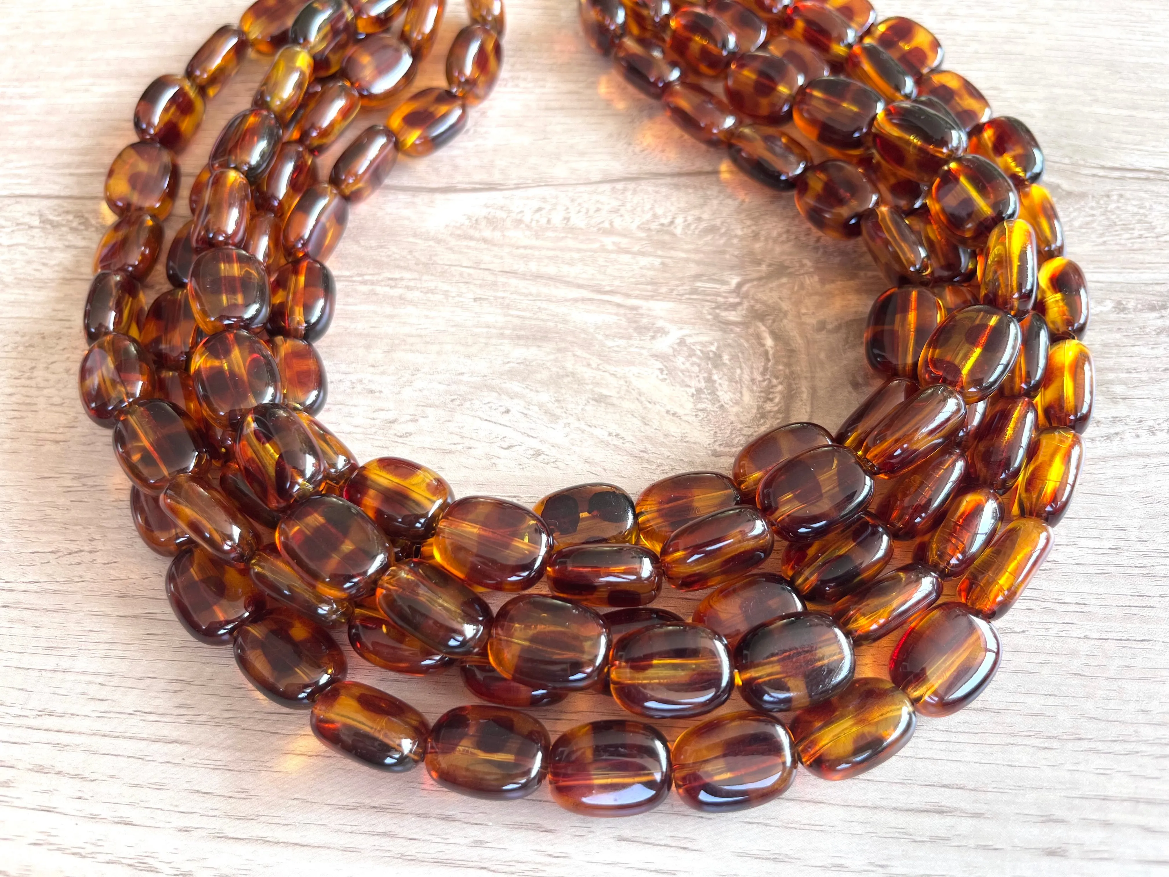 Tortoise Shell Lucite Acrylic Beaded Chunky Multi Strand Statement Necklace - Lauren