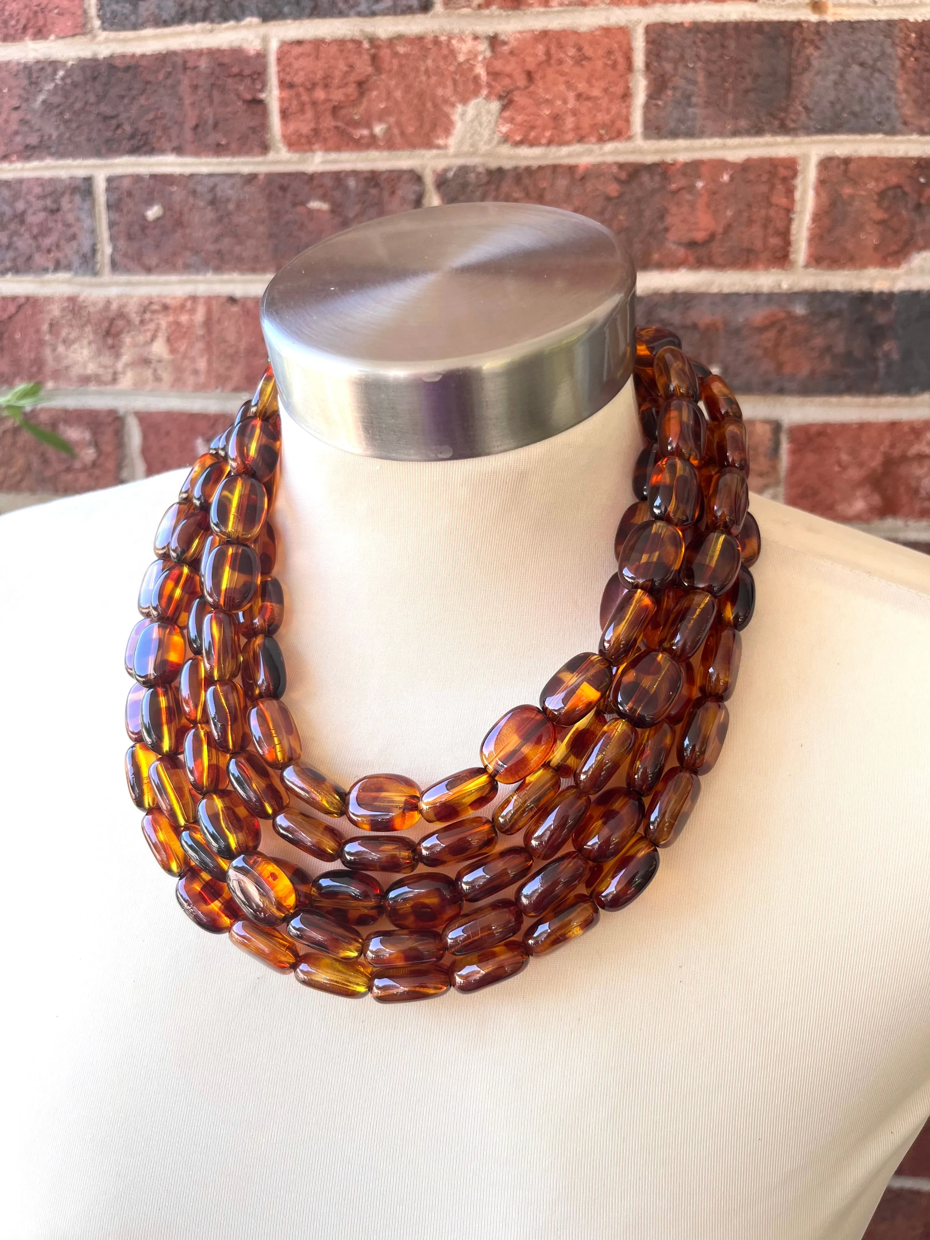Tortoise Shell Lucite Acrylic Beaded Chunky Multi Strand Statement Necklace - Lauren
