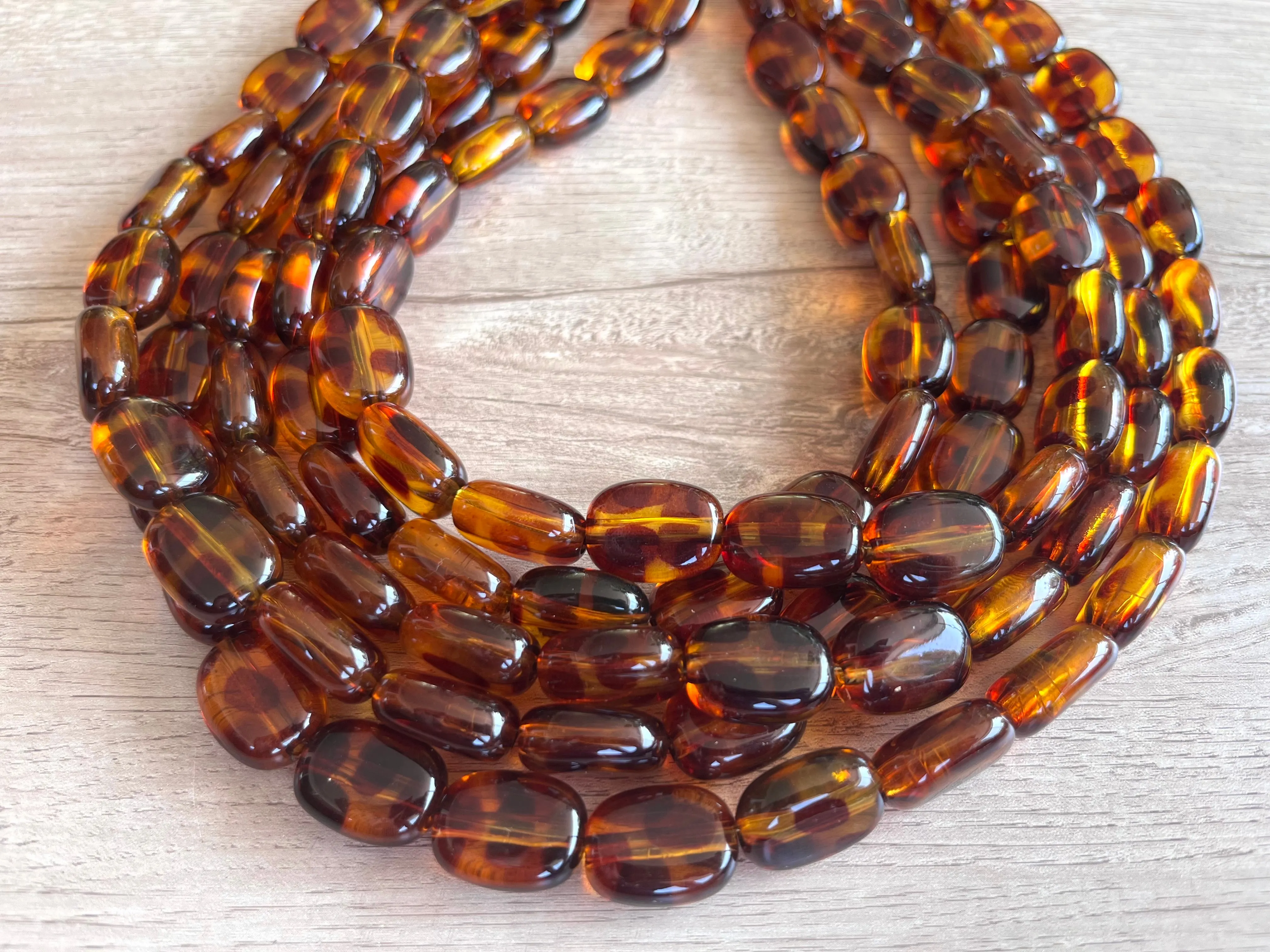Tortoise Shell Lucite Acrylic Beaded Chunky Multi Strand Statement Necklace - Lauren