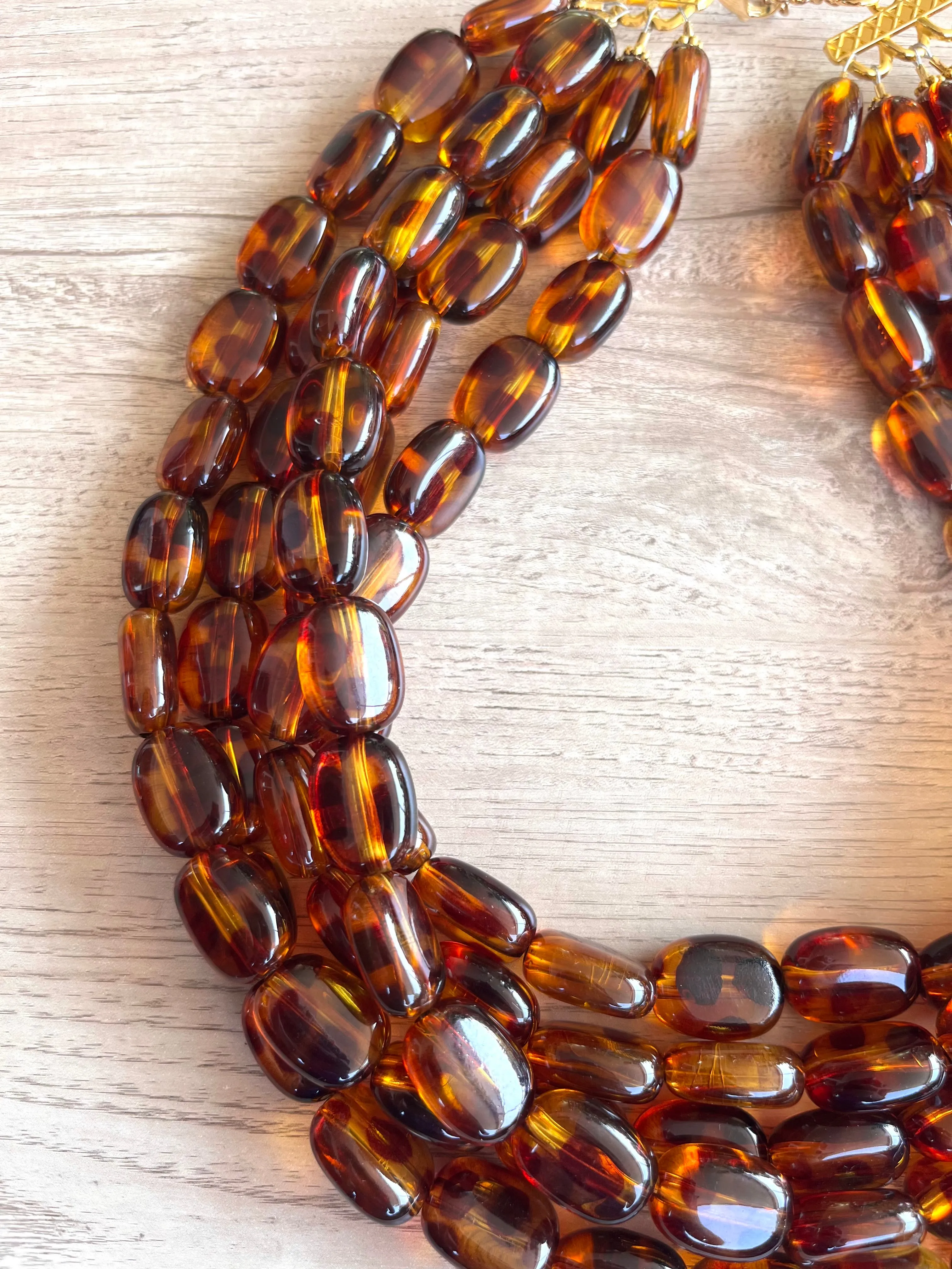 Tortoise Shell Lucite Acrylic Beaded Chunky Multi Strand Statement Necklace - Lauren