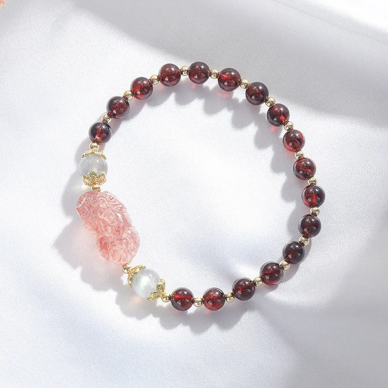 Tourmaline and Garnet Crystal Bracelet with Pixiu Design