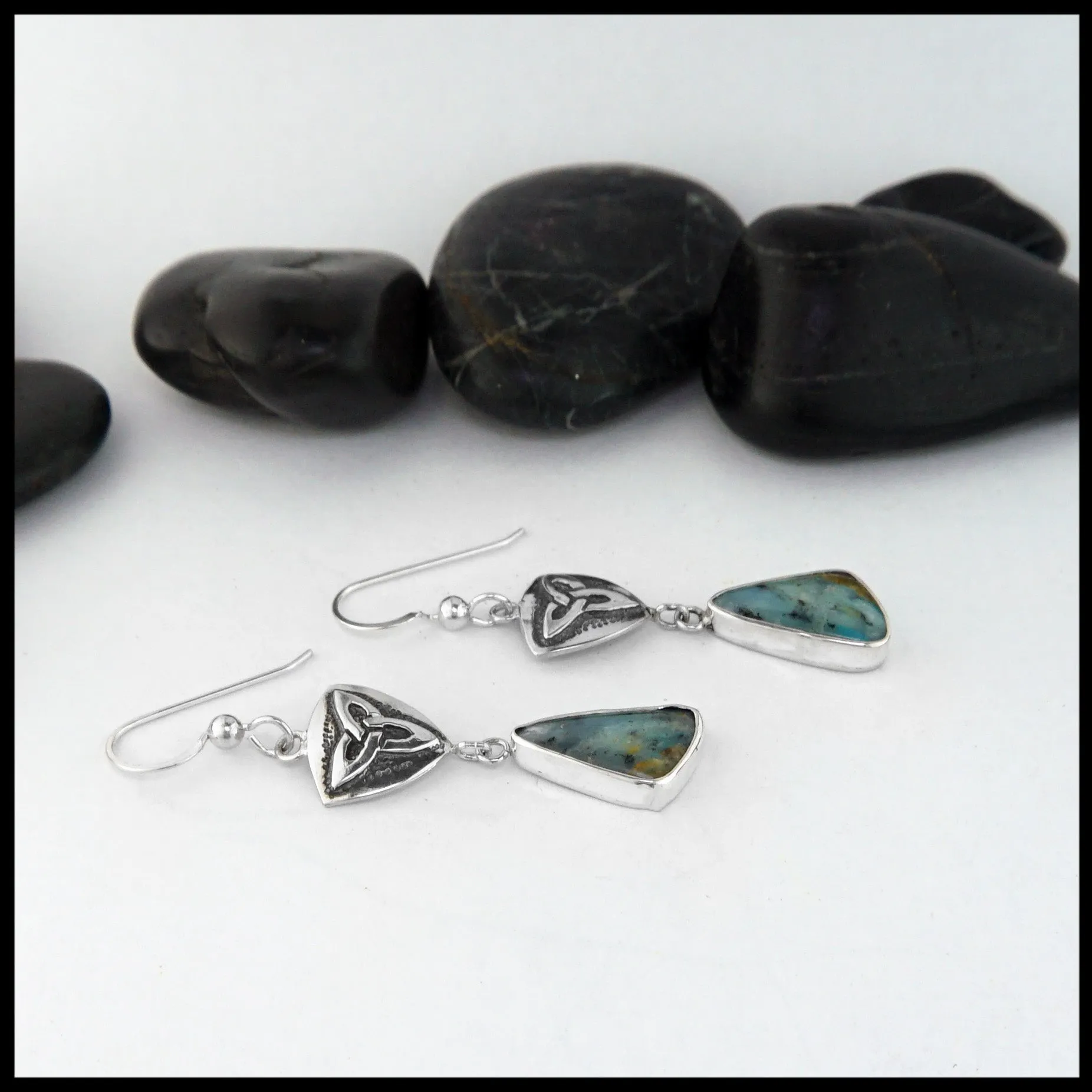 Trinity Shield Drop Earrings with Peruvian Opal