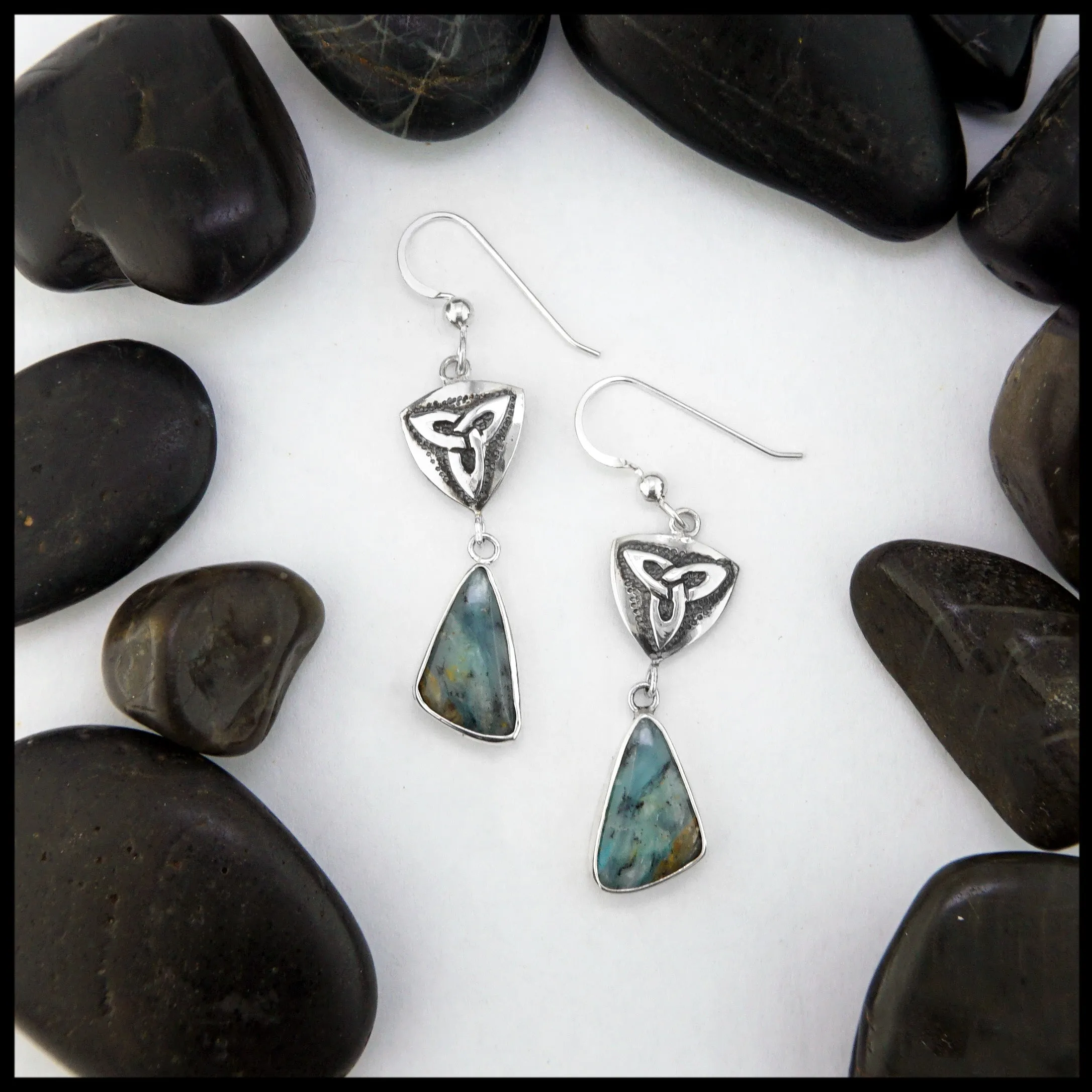 Trinity Shield Drop Earrings with Peruvian Opal