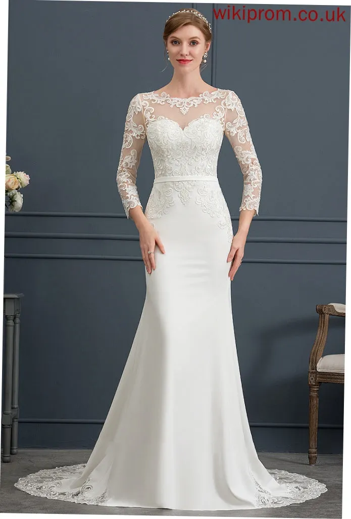 Trumpet/Mermaid Train Stretch With Wedding Tiara Crepe Lace Dress Chapel Illusion Wedding Dresses