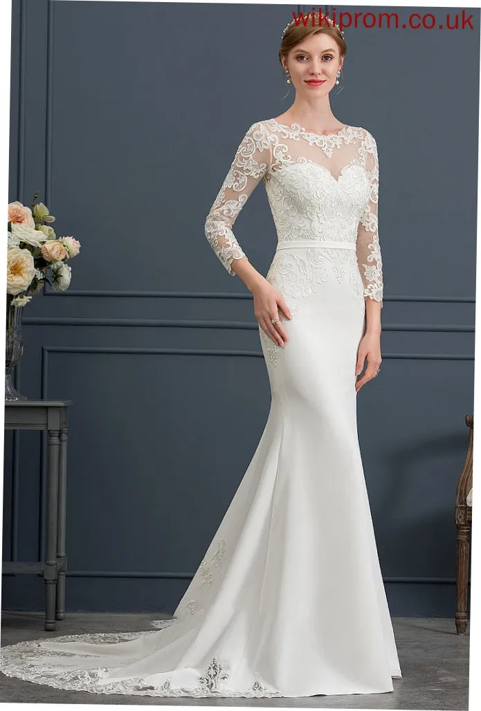 Trumpet/Mermaid Train Stretch With Wedding Tiara Crepe Lace Dress Chapel Illusion Wedding Dresses
