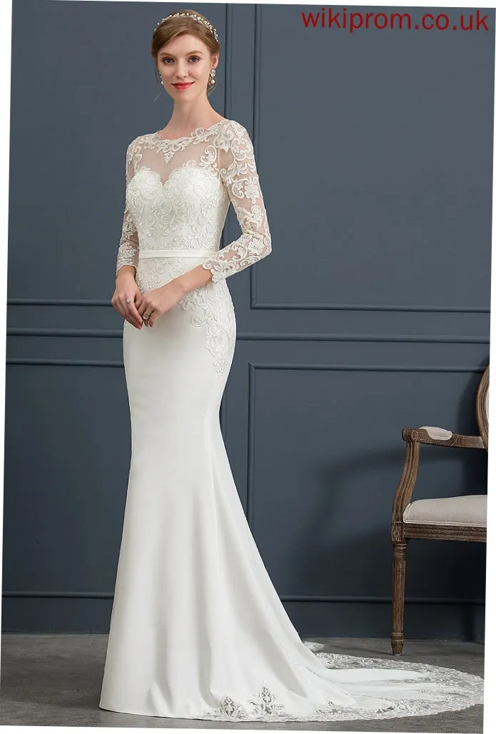 Trumpet/Mermaid Train Stretch With Wedding Tiara Crepe Lace Dress Chapel Illusion Wedding Dresses
