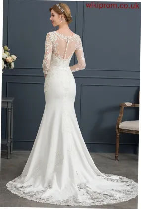 Trumpet/Mermaid Train Stretch With Wedding Tiara Crepe Lace Dress Chapel Illusion Wedding Dresses