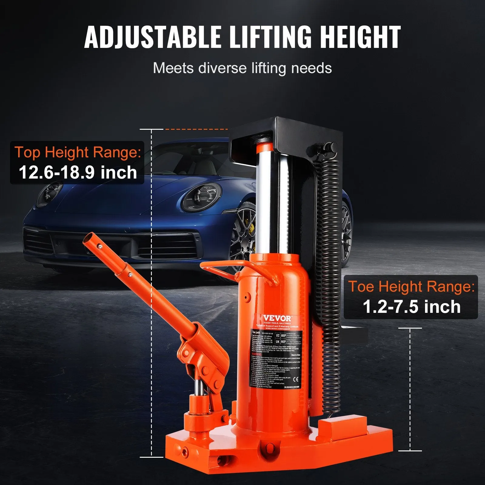 Vevor Hydraulic Toe Jack 10T on Toe 20T on Top Lift Capacity New