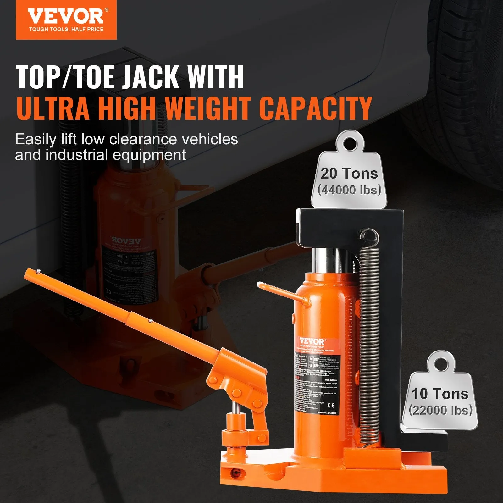 Vevor Hydraulic Toe Jack 10T on Toe 20T on Top Lift Capacity New