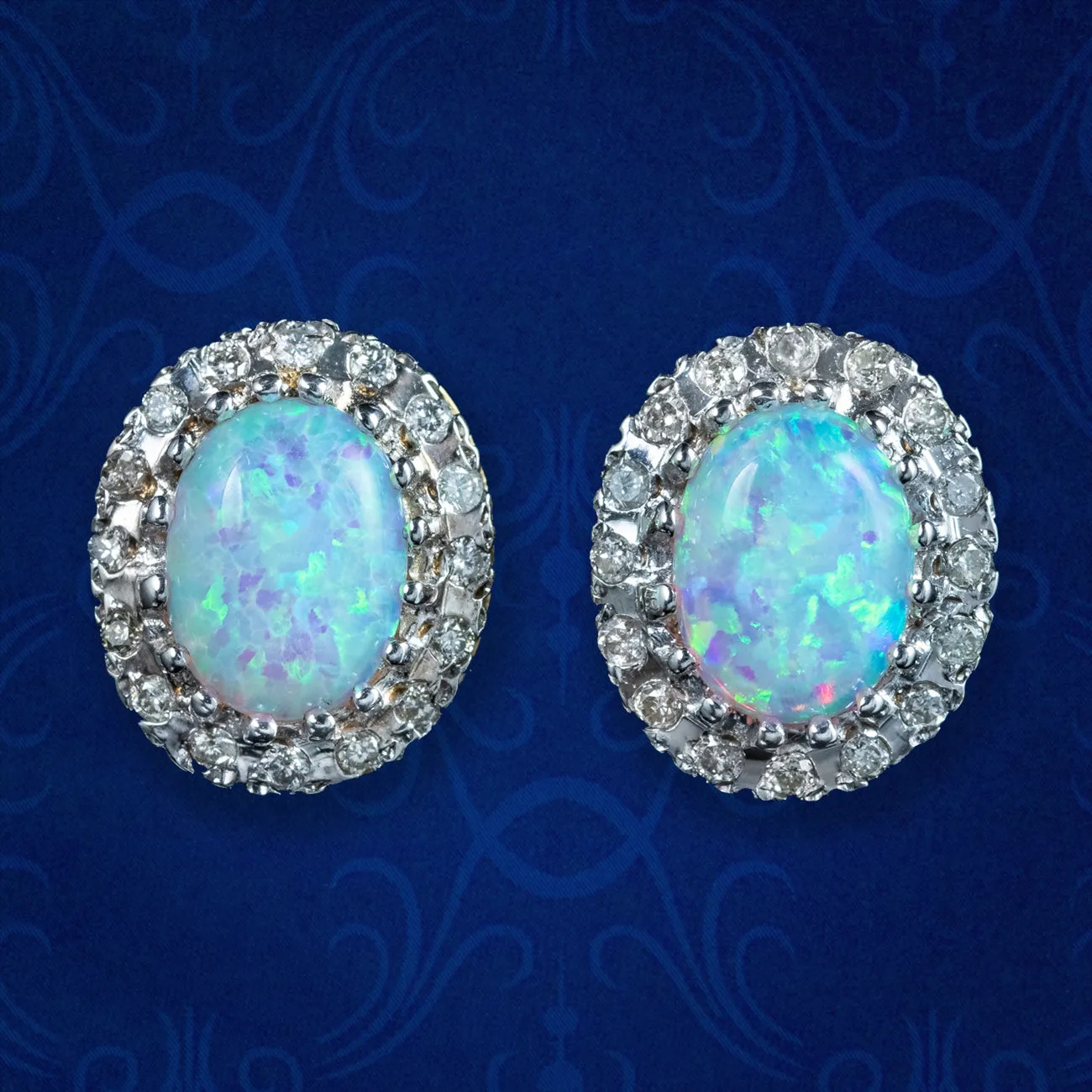 Victorian Style Opal Diamond Stud Earrings 9ct Gold