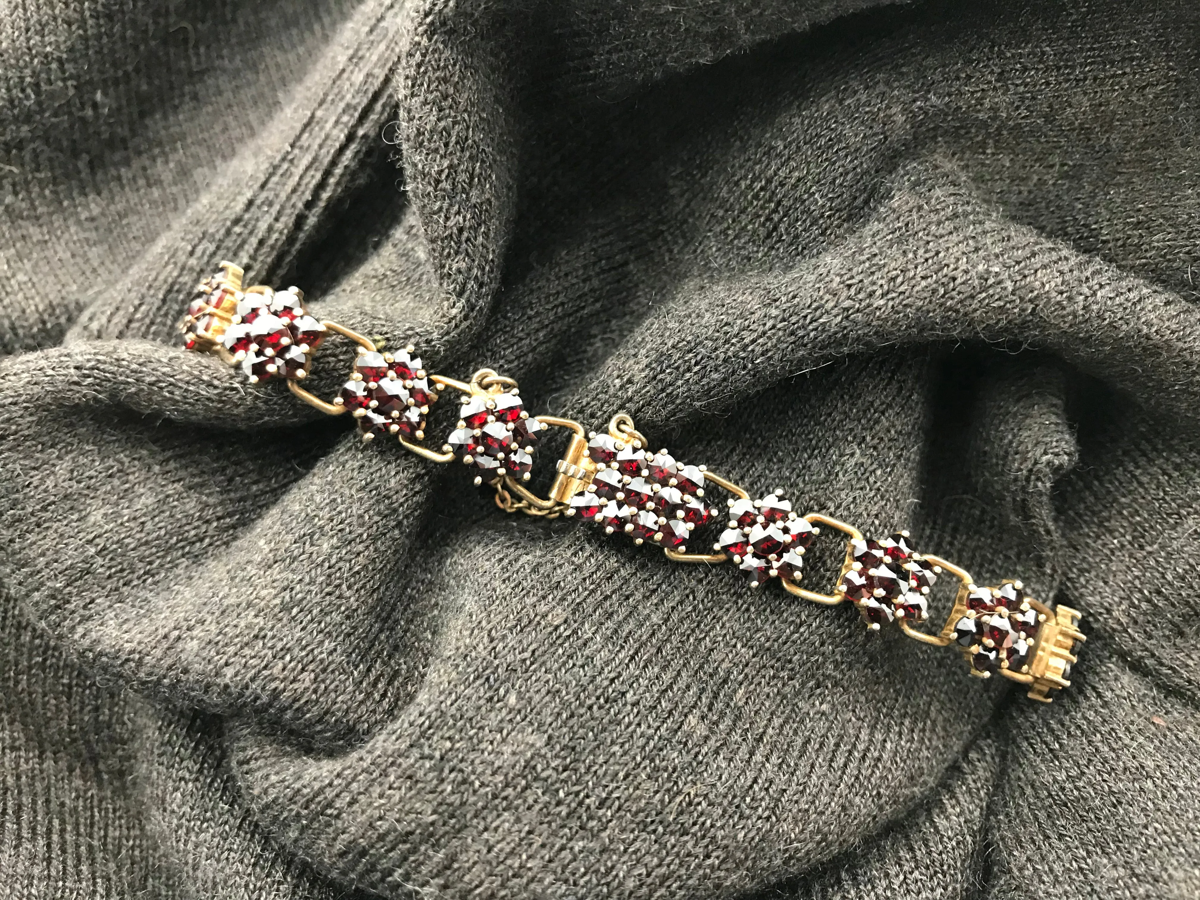 Vintage Art Deco Bohemian gold over 900 silver and rose cut garnet bracelet