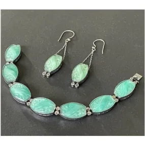 Vintage Art Deco, moulded green faux jade glass, collet set paste rhinestone and silver tone 1930s panel bracelet and drop earrings set