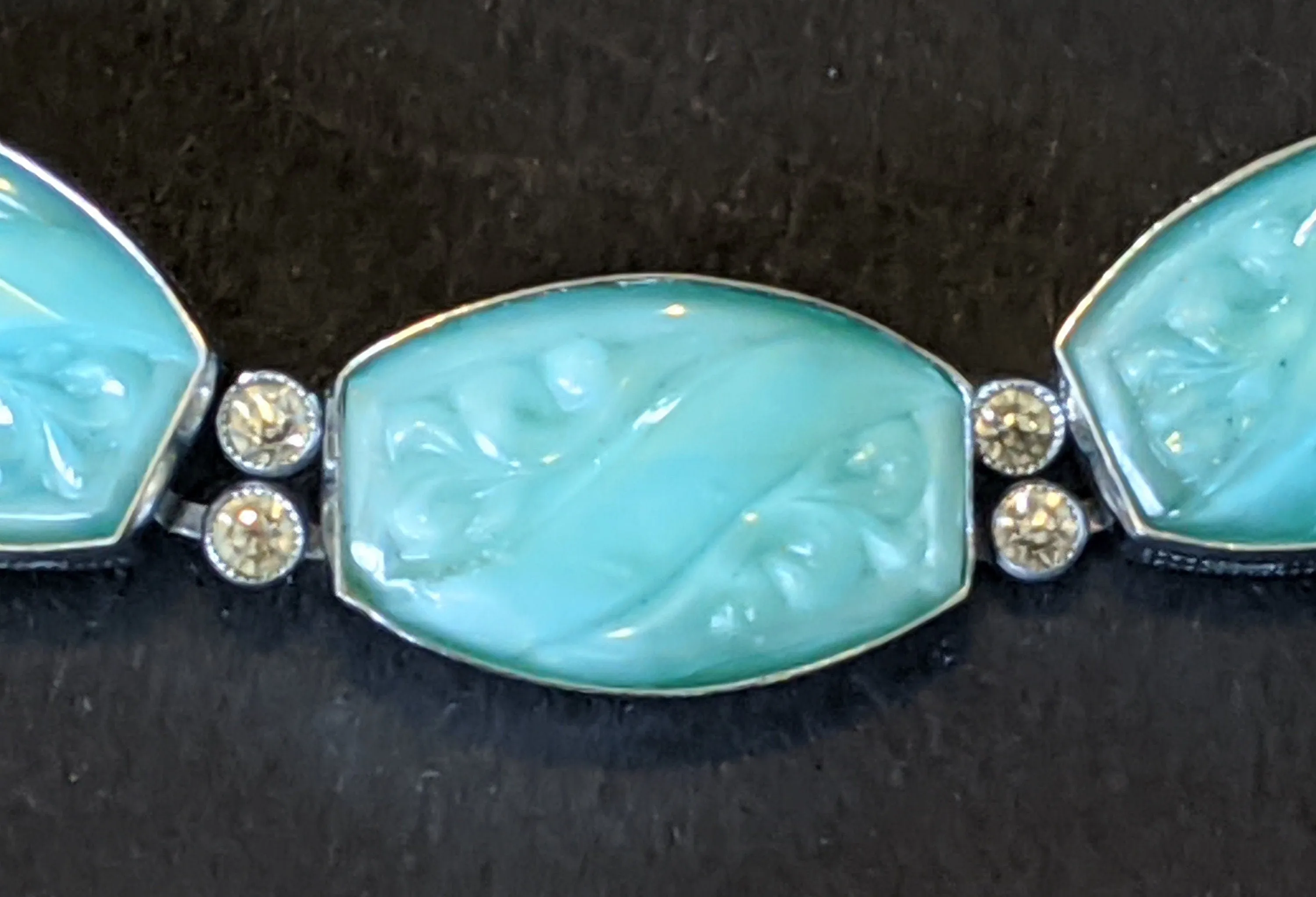 Vintage Art Deco, moulded green faux jade glass, collet set paste rhinestone and silver tone 1930s panel bracelet and drop earrings set