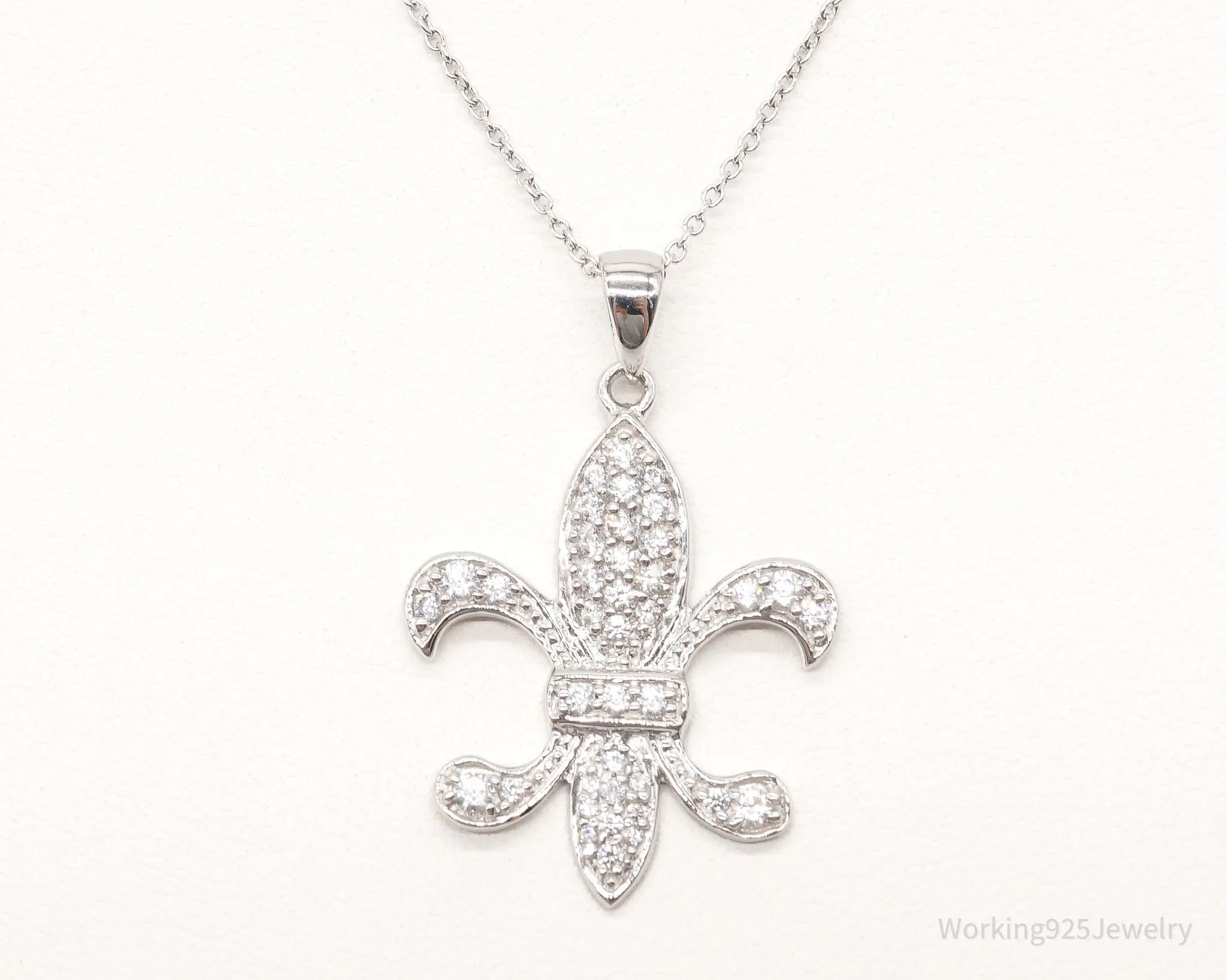 Vintage Designer JCM Fleur De Lis Cubic Zirconia Sterling Silver Necklace