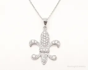 Vintage Designer JCM Fleur De Lis Cubic Zirconia Sterling Silver Necklace