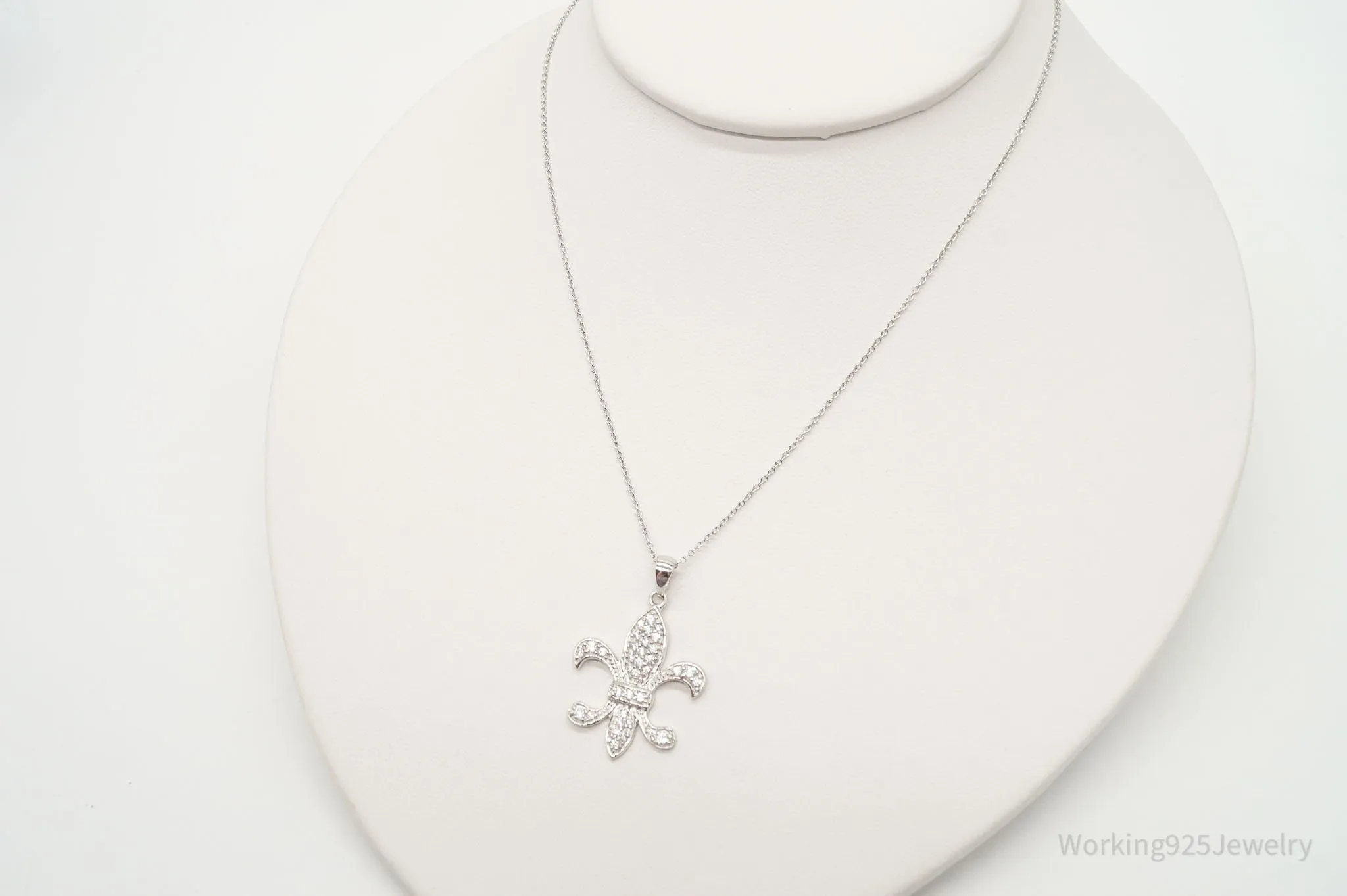 Vintage Designer JCM Fleur De Lis Cubic Zirconia Sterling Silver Necklace