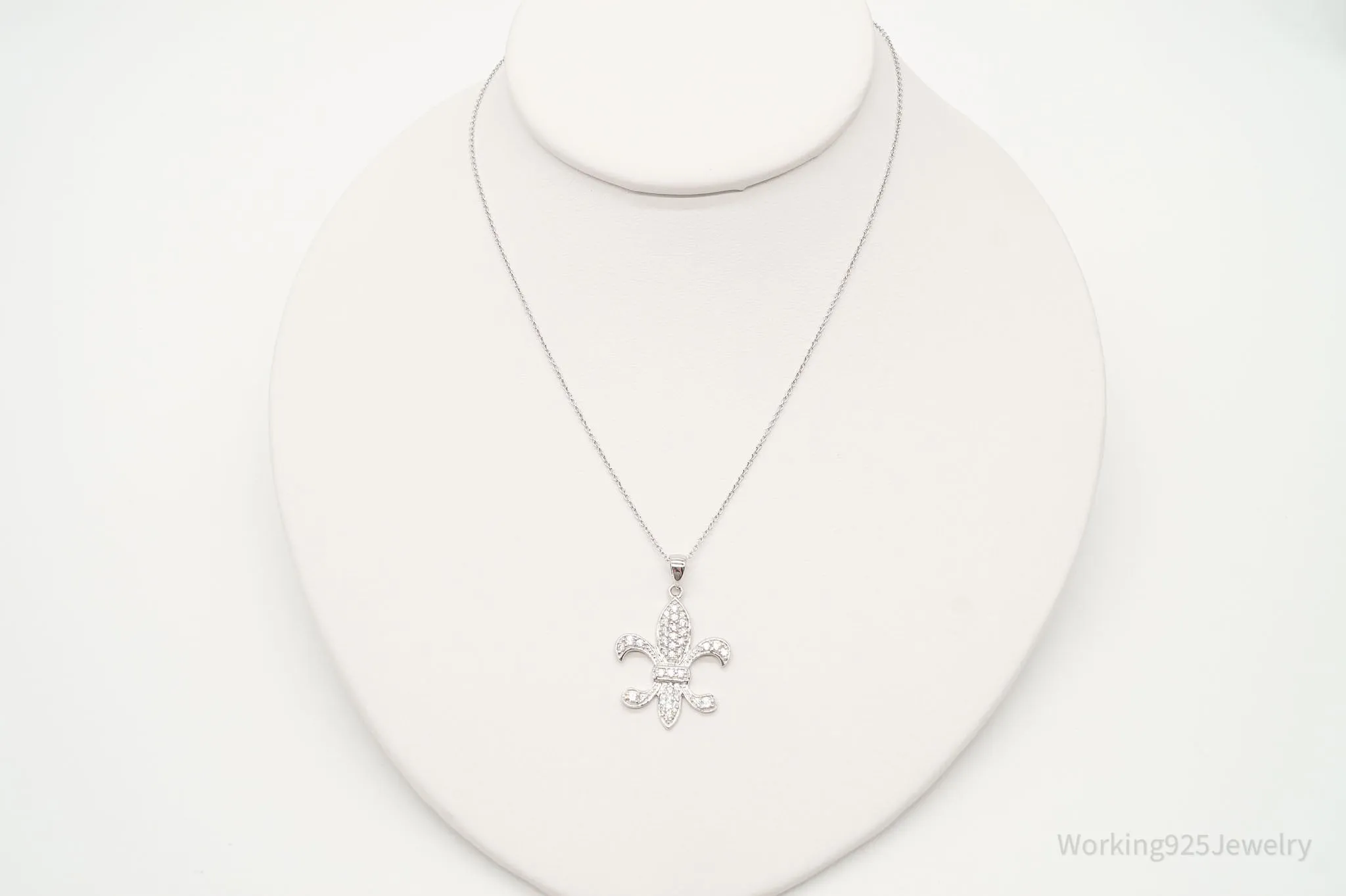 Vintage Designer JCM Fleur De Lis Cubic Zirconia Sterling Silver Necklace