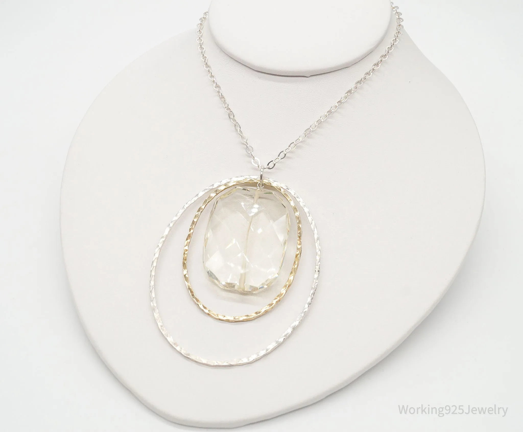 Vintage Large Glass Stone Brass Sterling Silver Necklace 30"