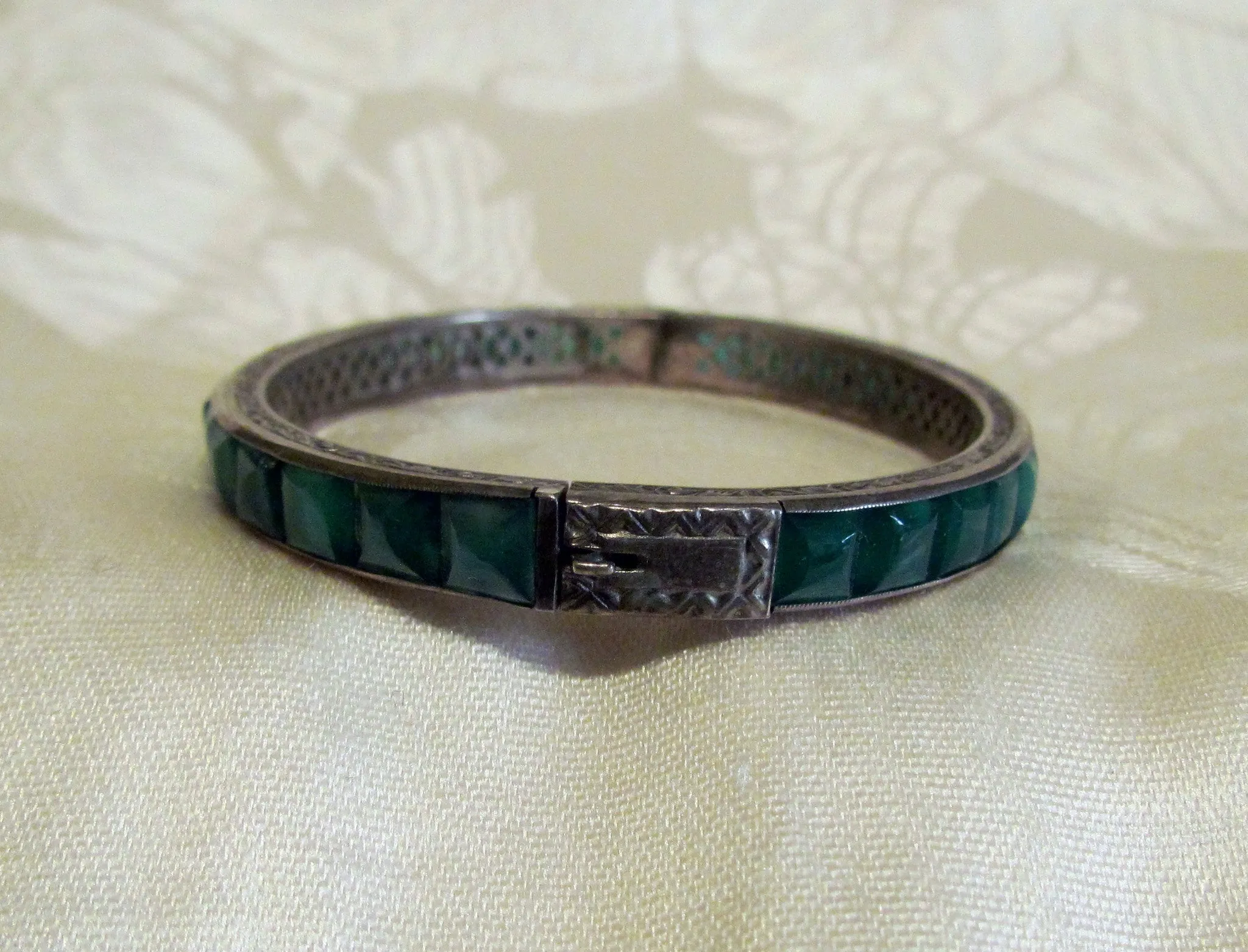 Vintage Sterling Silver Bracelet 1930s Green Aventurine Excellent Condition