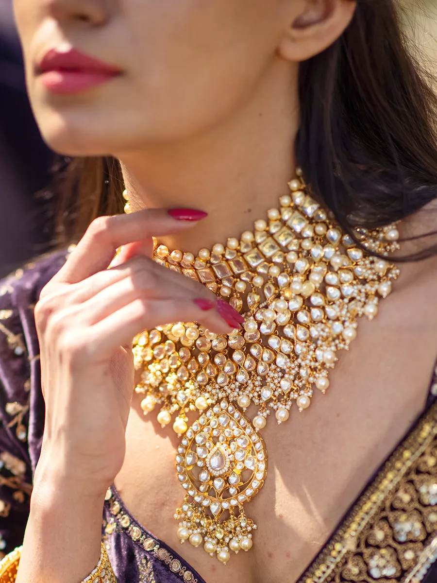 White Color Gold Plated Jadau Kundan Bridal Necklace Set - MS484